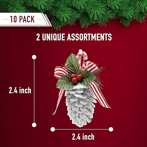 Miniatura 5 de Adornos colgantes rojos y blancos de Ornativity - Juego de adornos de piña de Navidad con recubrimiento de purpurina rojo y blanco con hojas de