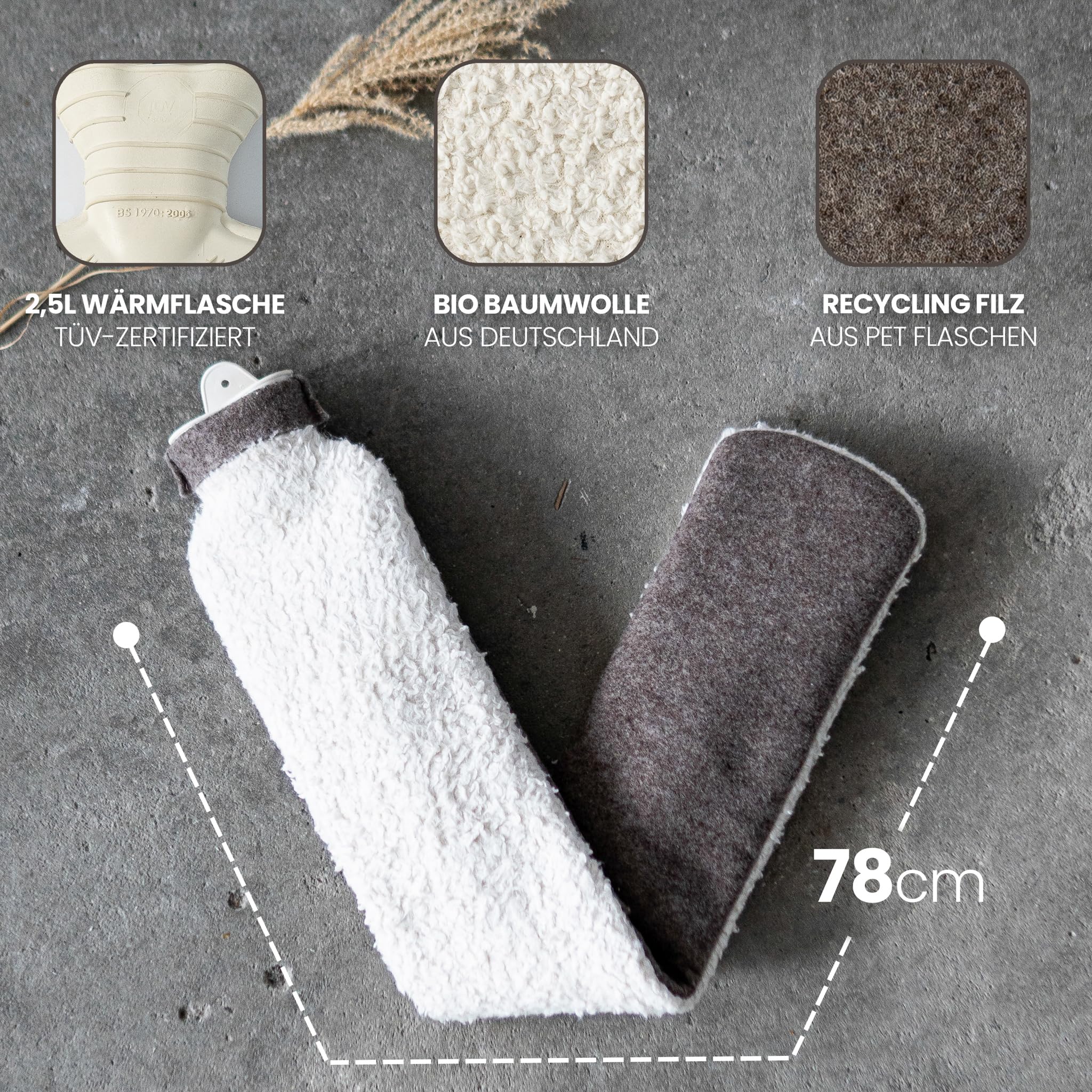 Bolsa de agua caliente de felpa de algodón orgánico y fieltro reciclado (felpa, beige, 2,5 L de largo)