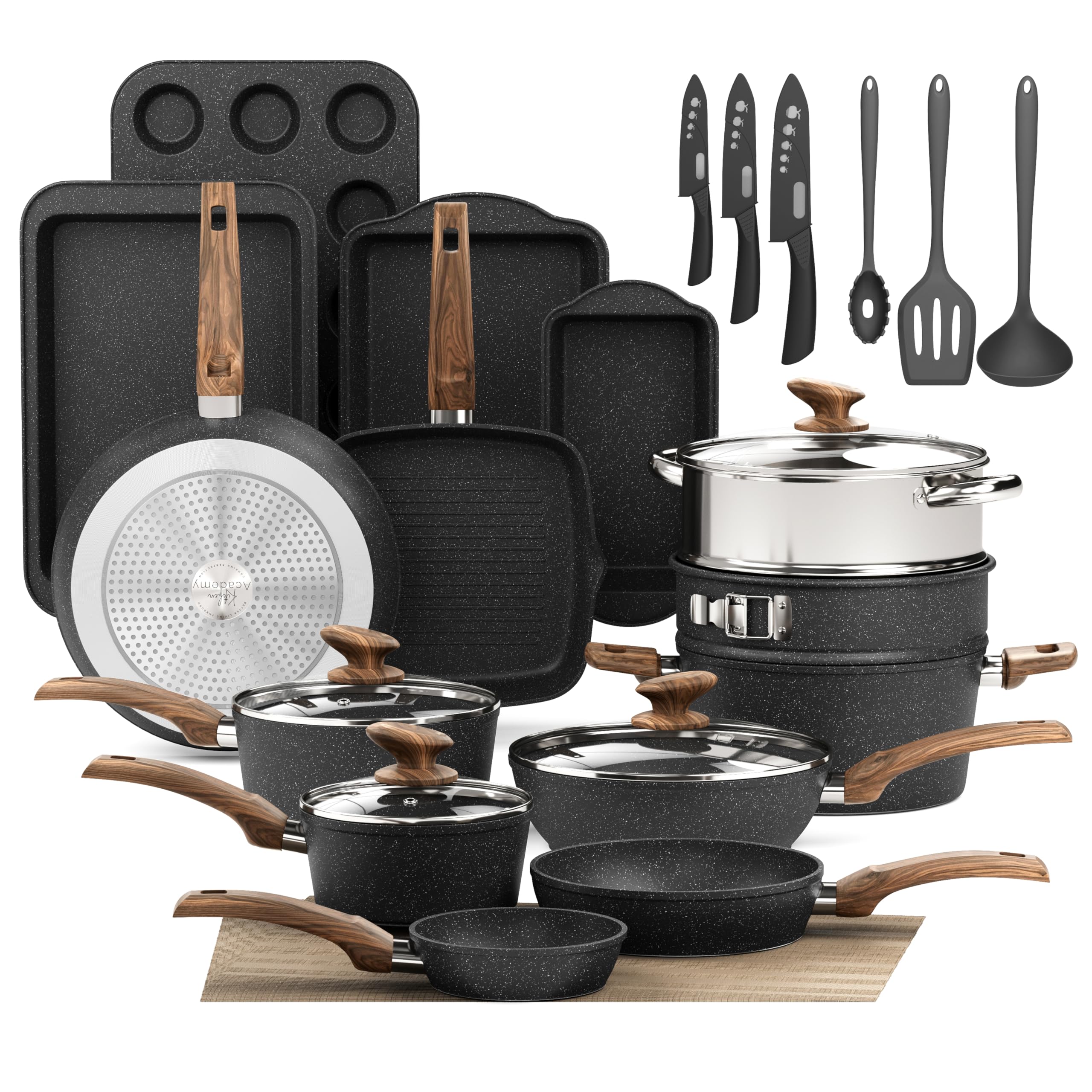 DishDelight 30pcs Ensemble Casserole et Poele Induction Antiadhésif Batterie de Cuisine Poele a Crepe Pancakes sans Pfas sans Pfoa Couvercles Verre