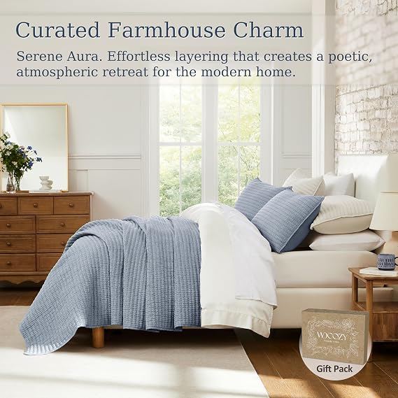 WDCOZY Chambray Pick Stitch Queen Size Quilt Set, Denim Blue Striped Lightweight Soft Summer Spring Bedspread, Bamboo Linen Like Textured Coverlet, Farmhouse Country Rustic Bedding, Thin Comforter