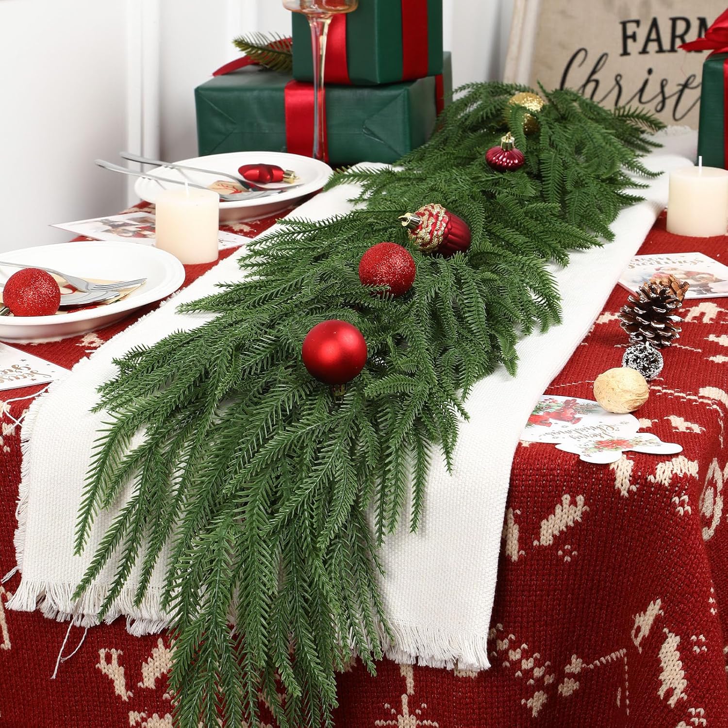 9ft artificial christmas garland, real touch norfolk pine garland- winter pine garland, greenery christmas garland for mantle, table, fireplace, indoor, outdoor christmas decorations pine 9ft