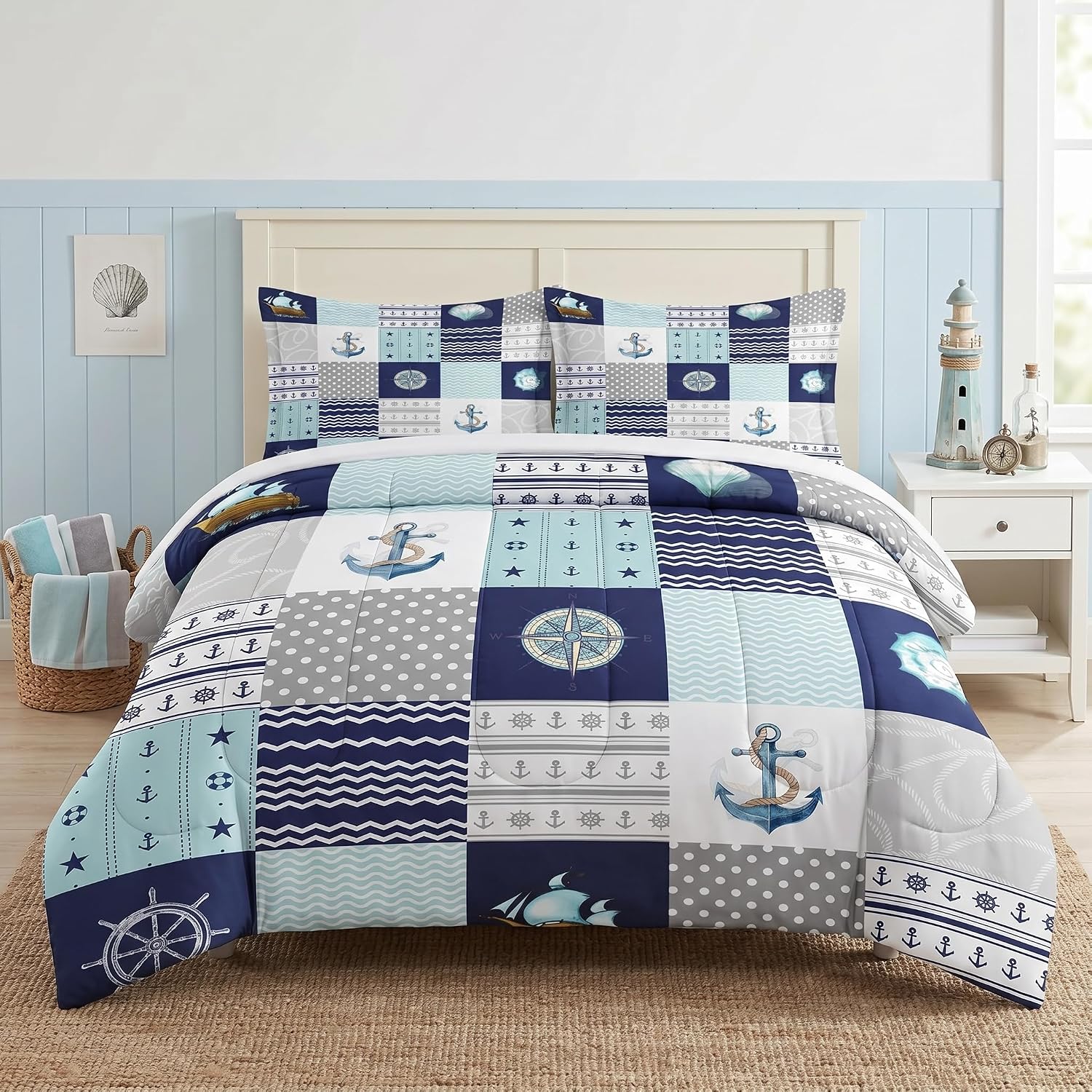 WeCozy Twin Size Comforter Set with Pillowcase, Nautical Blue Marine Summer 2 Pcs Bedding for Kids and Adults, Sea Ocean Boat Plaid Soft Comforter Set for Bedroom Bed Decor