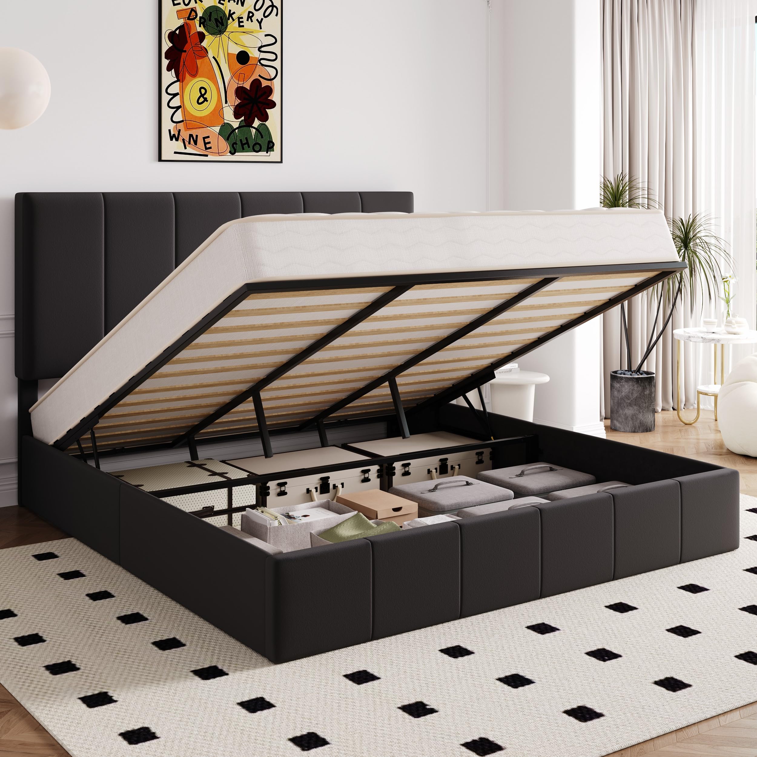 Allewie King Size Velvet Lift Up Storage Bed Frame Vertical Channel Tufted Headboard Hydrualic Underneath Storage Upholstered Platform