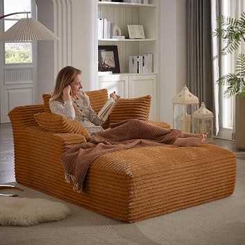 Oversized Chaise Lounge Chair Indoor, 66" Corduroy Cloud Couch Sleeper Sofa Bed with 3 Pillows & Armrests, Comfy Deep Seat Lounge Sofa for Living Room, Bedroom, Office No Assembly, Orange