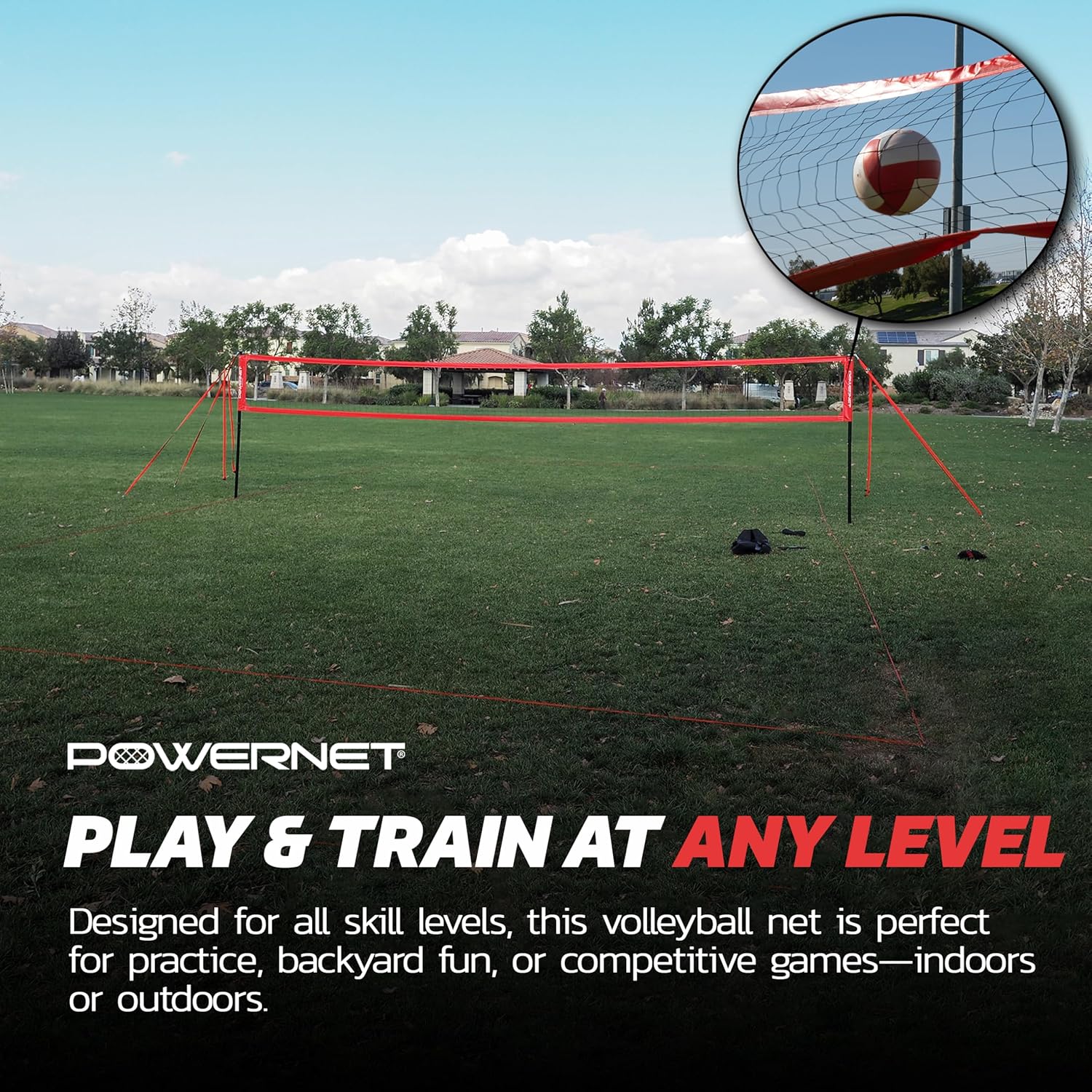 PowerNet Pro Volleyball Net, 32 Ft Wide Regulation Size, Adjustable Height Portable Net for Backyard, Beach & Park, Volleyball Training Equipment, Includes Carry Bag