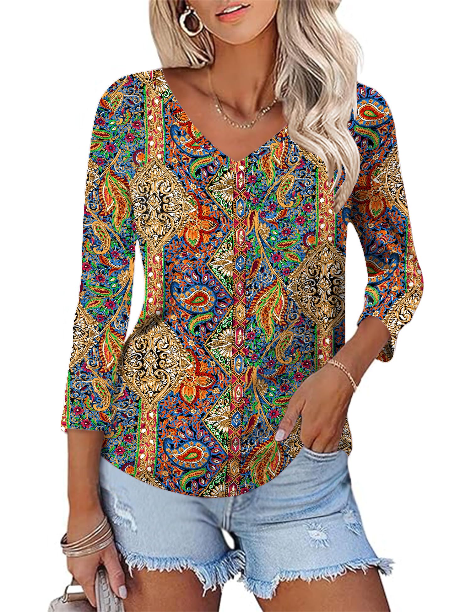 Rapbin Bluse Damen 3/4 Ärmel Langerm V-Ausschnitt Elegant Oberteile Locker Tops Sommer 2026 Tunika Lässig Blusen