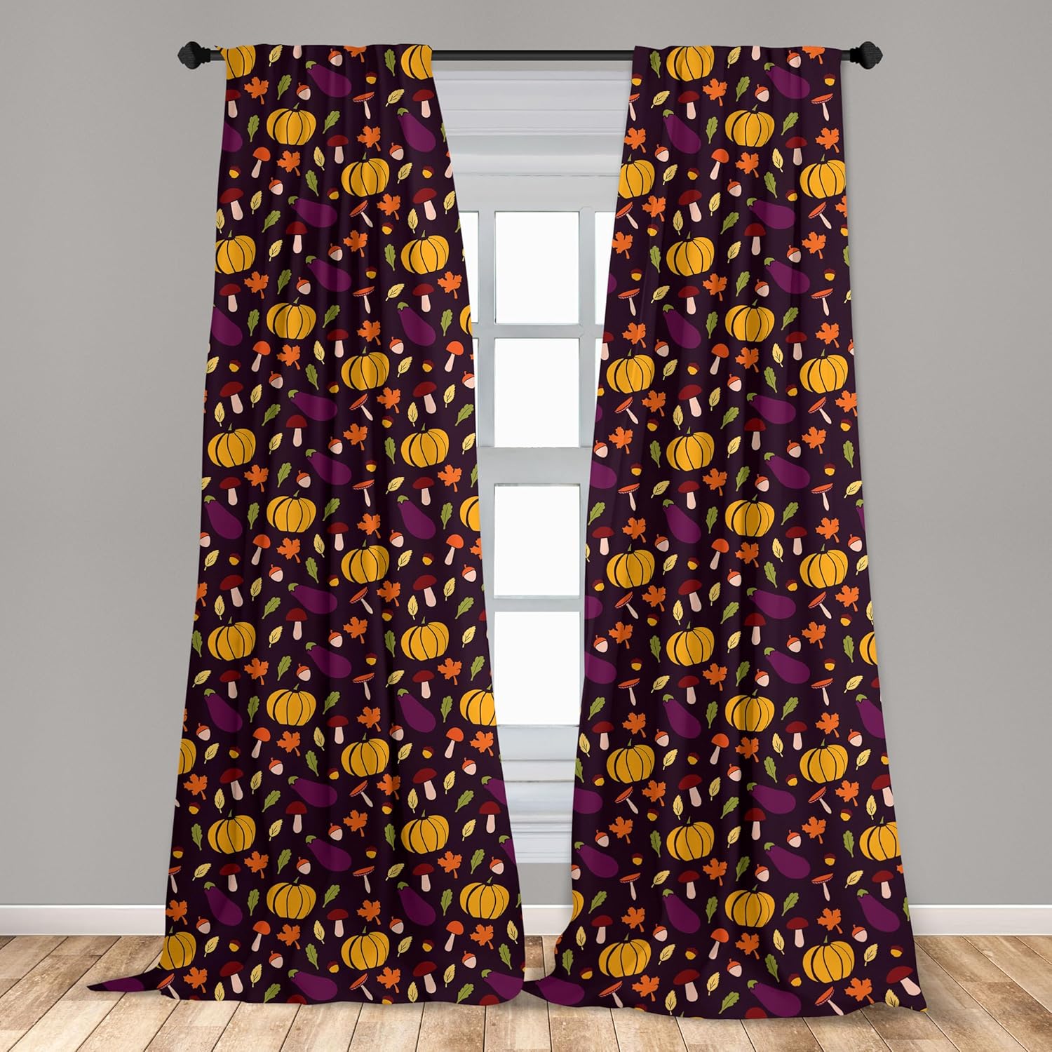 Ambesonne Autumn Window Curtains, Pumpkin Acorn Mushroom Seasonal Vegetable Veggies Tree Leafs Composition, Lightweight Decor 2-Panel Set with Rod Pocket, Pair of - 28" x 95", Maroon Marigold