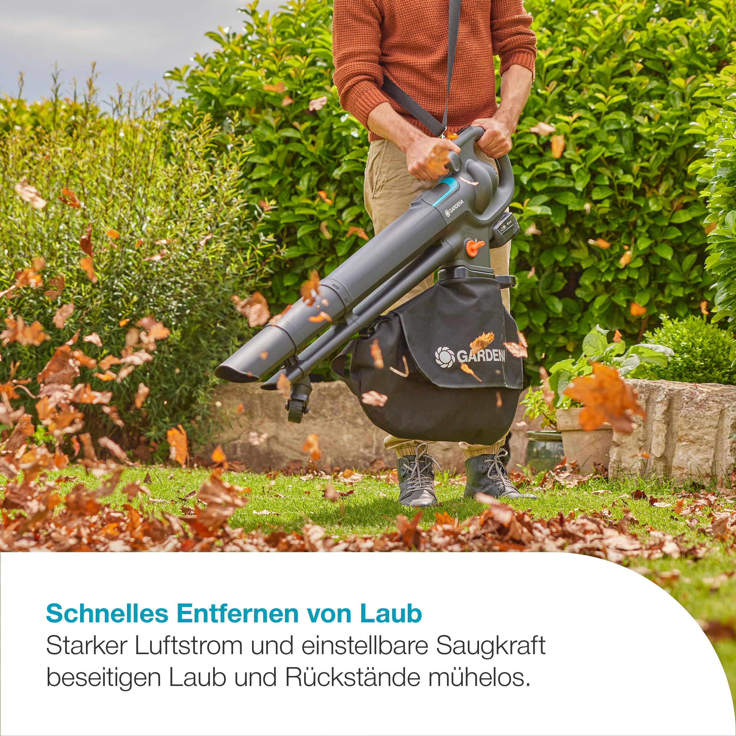 Gardena Akku-Laubsauger/-Bläser PowerJet Collect 18V P4A Ready-to-Use Set: Starker Luftstrom, Schneller Moduswechsel, Einstellbare Geschwindigkeit, Fangsack, Kabellos (14895-20)