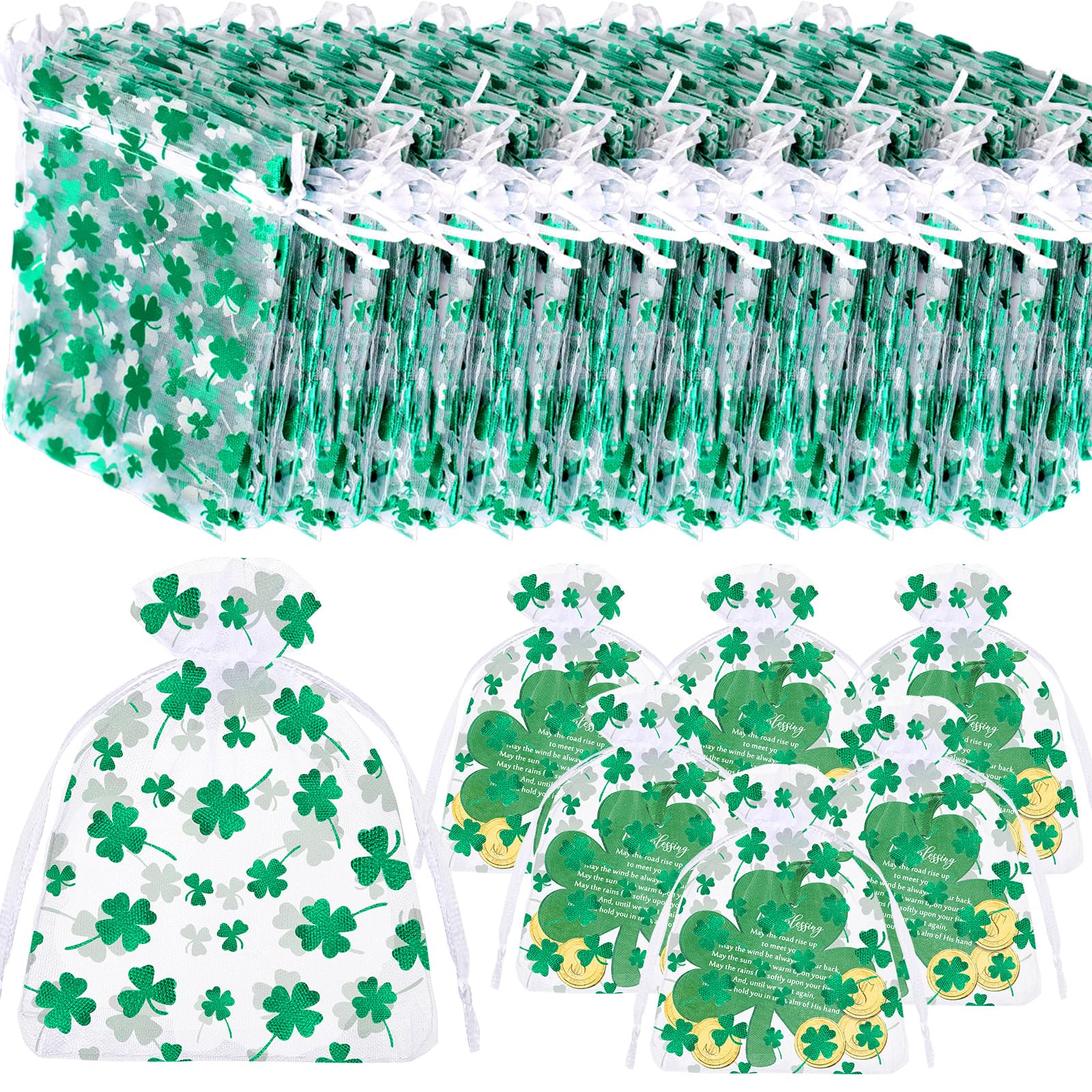 Wowangce120 Pcs St. Patrick's Day Organza Bags 3.9 x 4.7 in Mesh Bags St. Patrick's Bags Bronzing Green Irish Lucky Clover Shamrock Drawstring Treat Bag Goody Bags Candy Cookie Party Favors