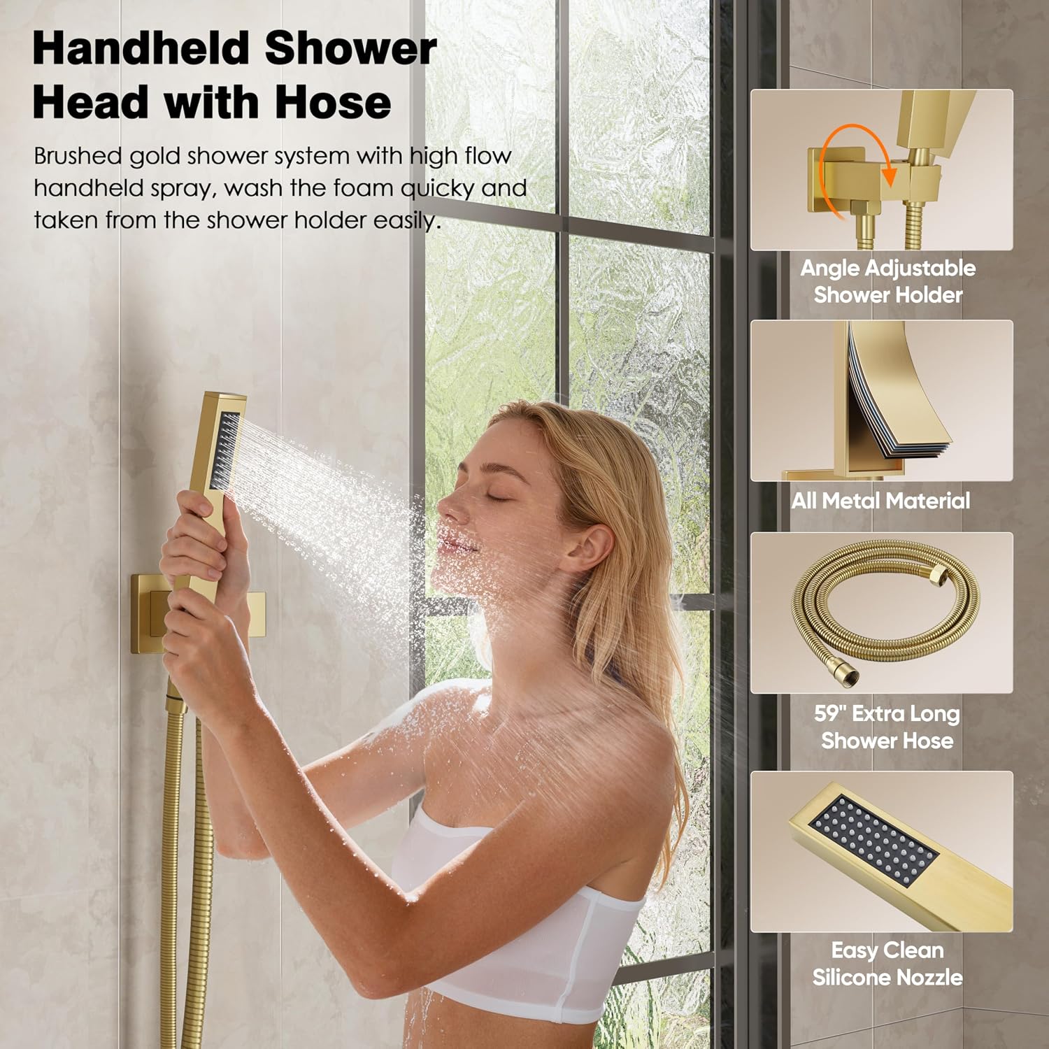 Kurpot Shower Faucet Set, Brushed Gold Shower System with 3 In 1 Push Button Diverter Valve, 10'' Ceiling Shower Head and 6'' Wall Mounted Showerhead, Brushed Gold Shower Head with Handheld Spray