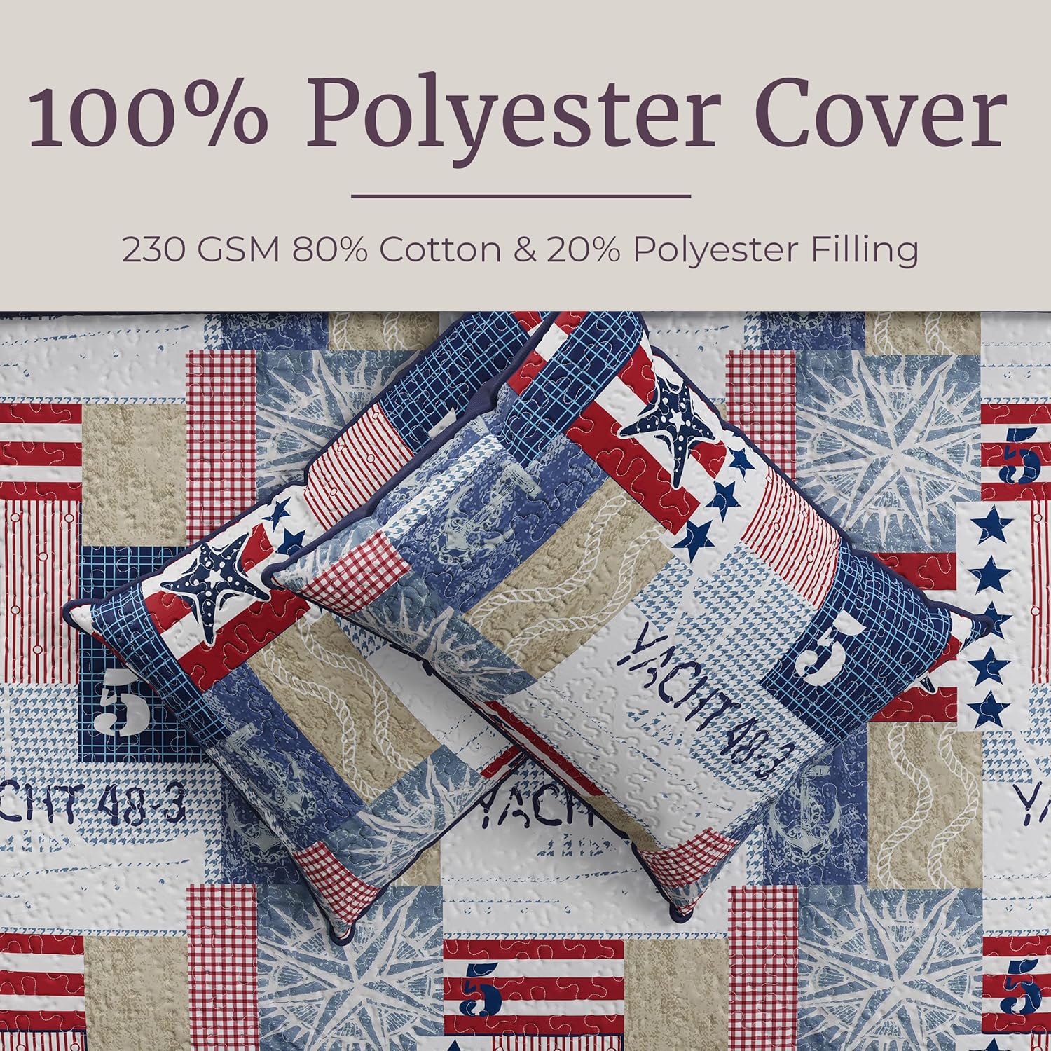 2-Piece Quilt Set - Nautical Americana Patchwork Print All-Season Soft Microfiber Bedspread - Twin Bedding with Pillow Sham by Lavish Home