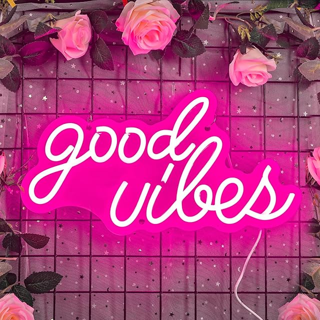 HRGXYUN Good Vibes Neon Light Sign, Pink LED Neon Sign for Bedroom Wall, Battery/USB Powered Neon Lights with Switch for Office, Game gaming Room, Wedding, Party, Bar