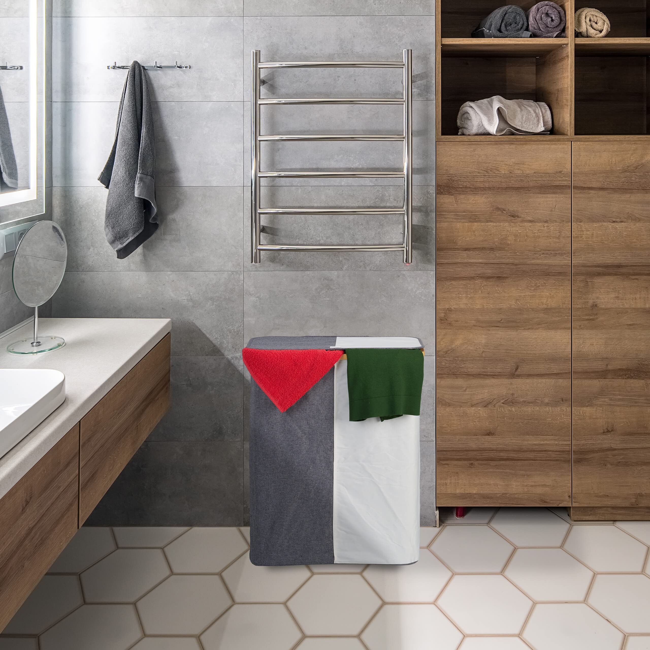 Relaxdays Cesto Portabiancheria con Coperchio, 110 L, con 2 Scomparti, in bambù e Poliestere Sacco a Rete, Grigio Bianco