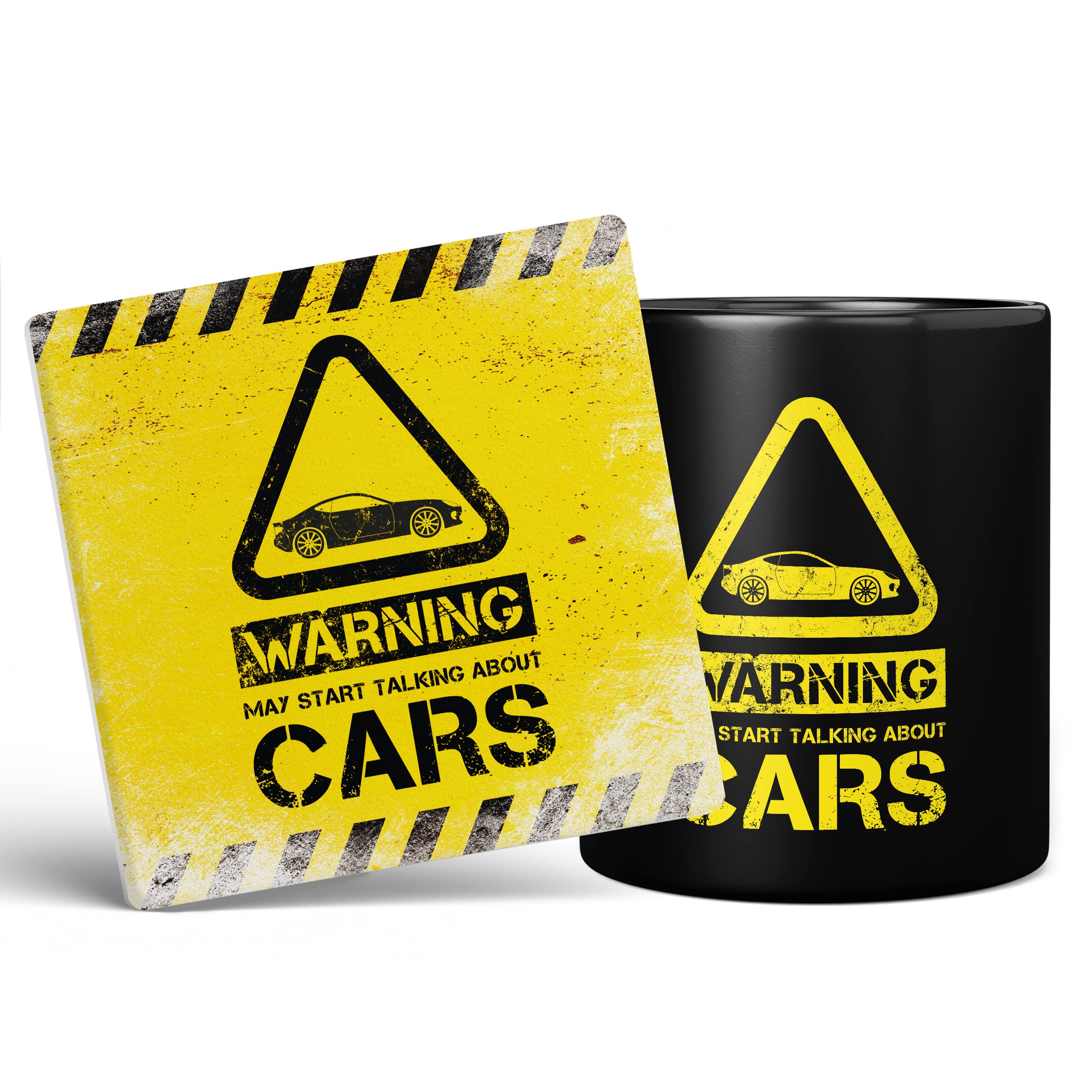 Mug Monster - Warning May Start Talking About Cars Funny Gift Mug - Ceramic Coffee Cup, Gift for Men or Women, Extra Large and Giant Available, 11oz Black & Coaster
