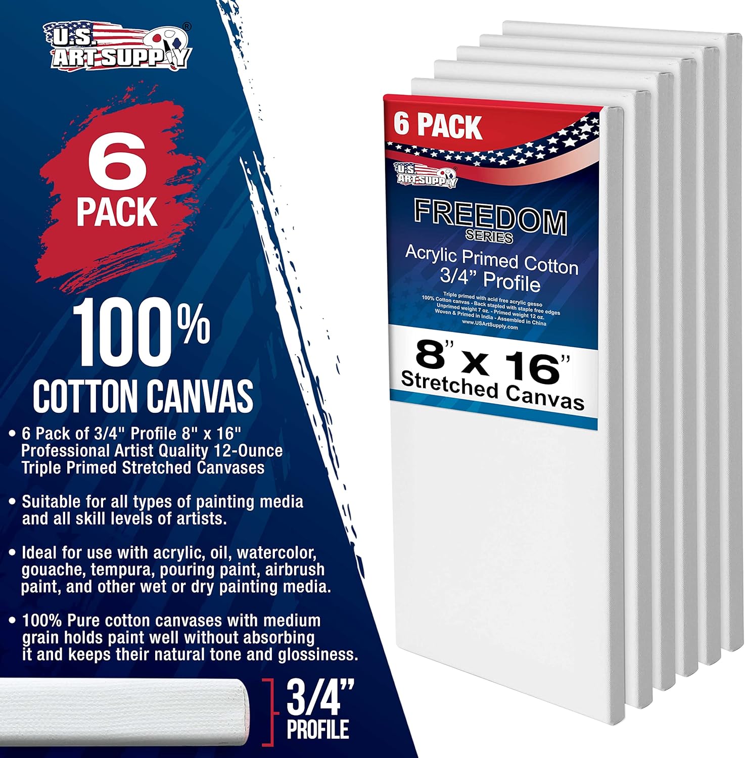 U.S. Art Supply 8 x 16 inch Stretched Canvas for Painting, 12oz Triple Primed, 6-Pack - Professional Artist Quality White Blank 3/4" Profile, 100% Cotton, Heavy-Weight Gesso - Acrylic Pouring, Oil - Image 2