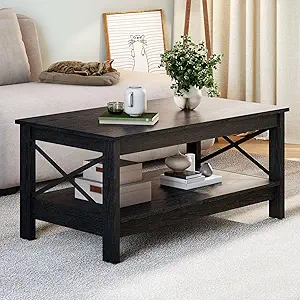 GOOBED Modern Coffee Tables for Living Room with Storage, Farmhouse 2-Tier Rectangular Coffee Table, 39.4" Coffee Table with Ample Storage Ideal for Living Room Home Office, Black