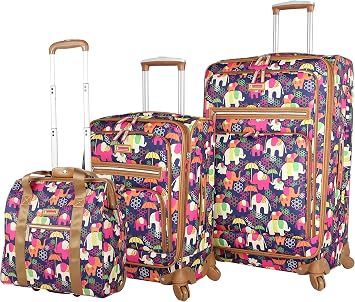 Lily Bloom Luggage 3 Piece Softside Spinner Suitcase Set Collection Elephant Rain