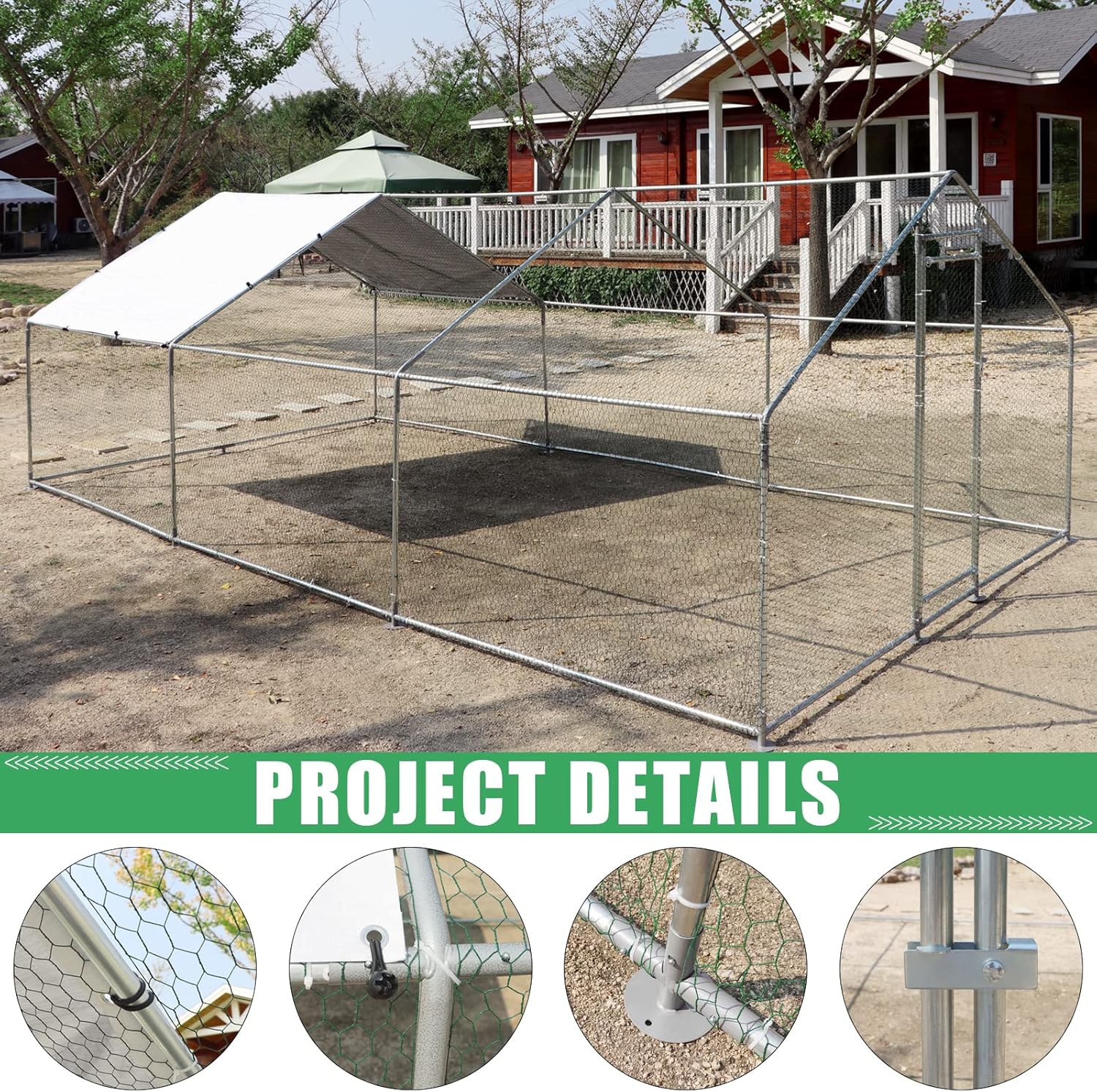 Close-up images showing the quick-connect frame, durable base pedestal, and hexagonal wire mesh details of the chicken coop.