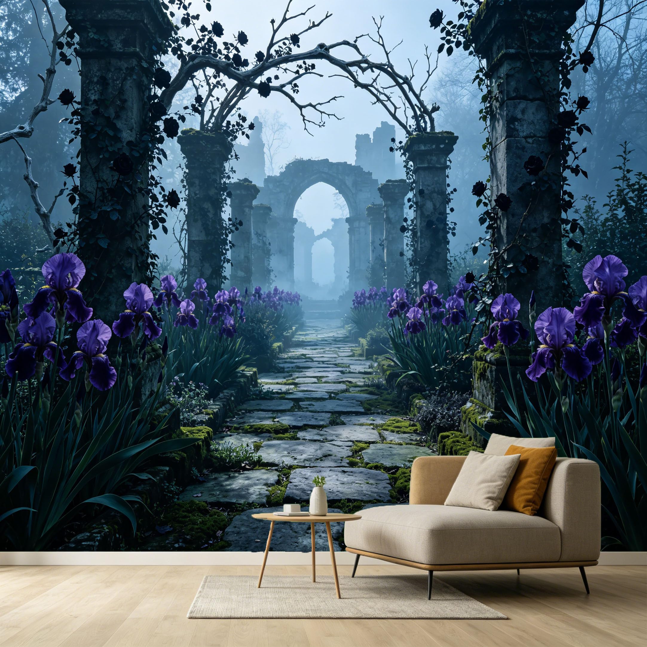 Custom Size Wall Murals Misty Ruins Botanical Iris Flowers 3D Trompe L'Oeil Stone Path SelfAdhesive Wall Fabric Removable Large Wallpaper Photo for Living Room