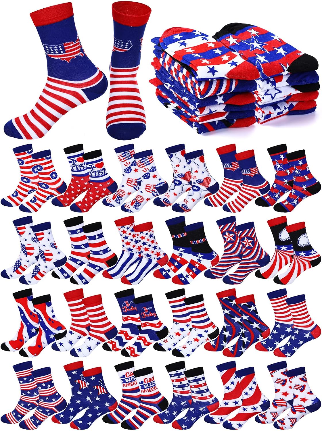 Shinymoon 24 Pairs American Flag Socks for Men Women Patriotic 4th of July USA Fancy Funny Novelty Socks for Adults Independence Day Gifts
