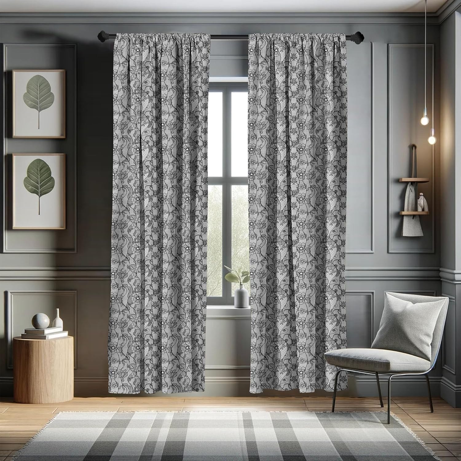 Ambesonne Floral Curtains, Lace Gothic Pattern with Flower Effect and Leaves Ornamental Antique Feminine Design, Window Treatments 2 Panel Set for Living Room Bedroom, Pair of - 28" x 95", Grey Black