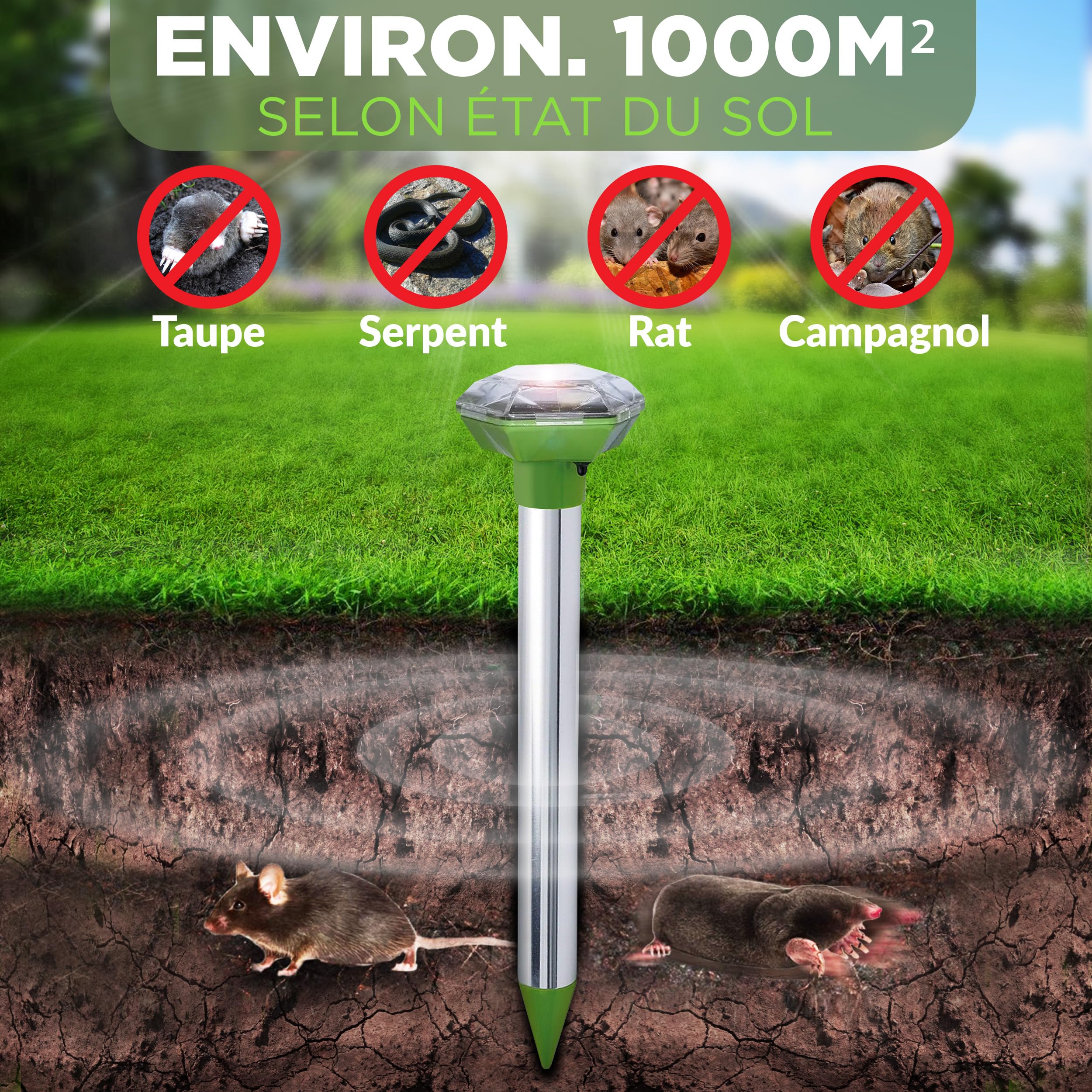 ISOTRONIC Répulsif Solaire Taupes, campagnols et Serpents – avec Piquet de Sol pour Le Jardin – Protection Efficace sans Poison – Portée 1 250 m² – Lot de 2 unités pour Grands terrains et Jardins