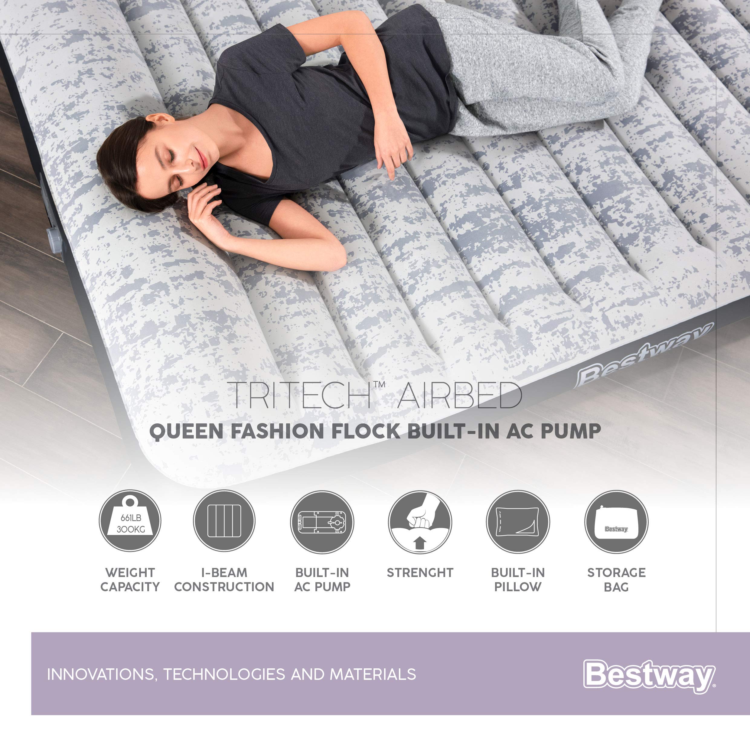 Bestway 67836 Materasso gonfiabile matrimoniale Fashion Flock Top da 2.03 m x 1.52 m x 12 m con pompa integrata