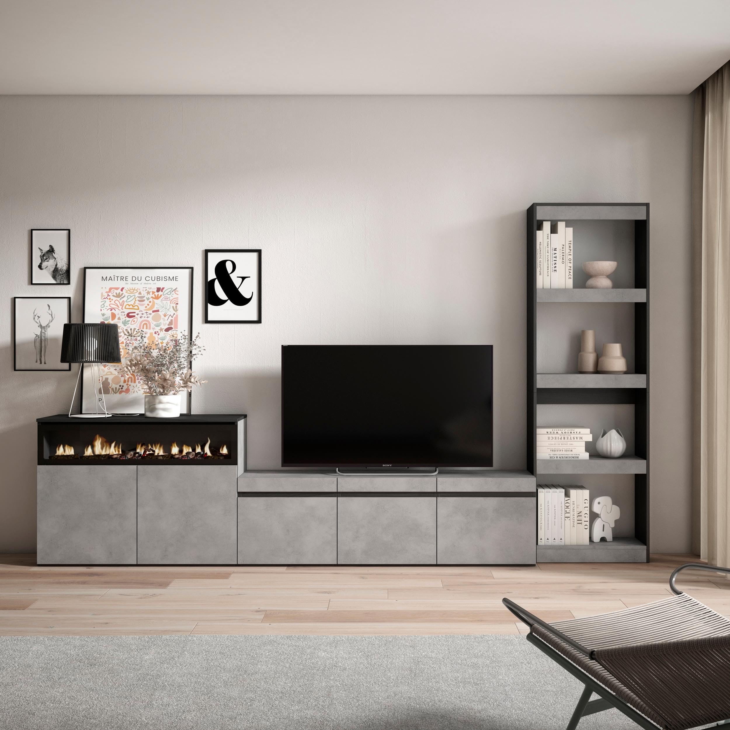 Skraut Home | Wohnwand Wohnzimmer | Wohnzimmermöbel, Möbelset | 310x186x35cm | Für TV-Geräte bis zu 65" | Elektrokamin. | Moderner Stil | Zement