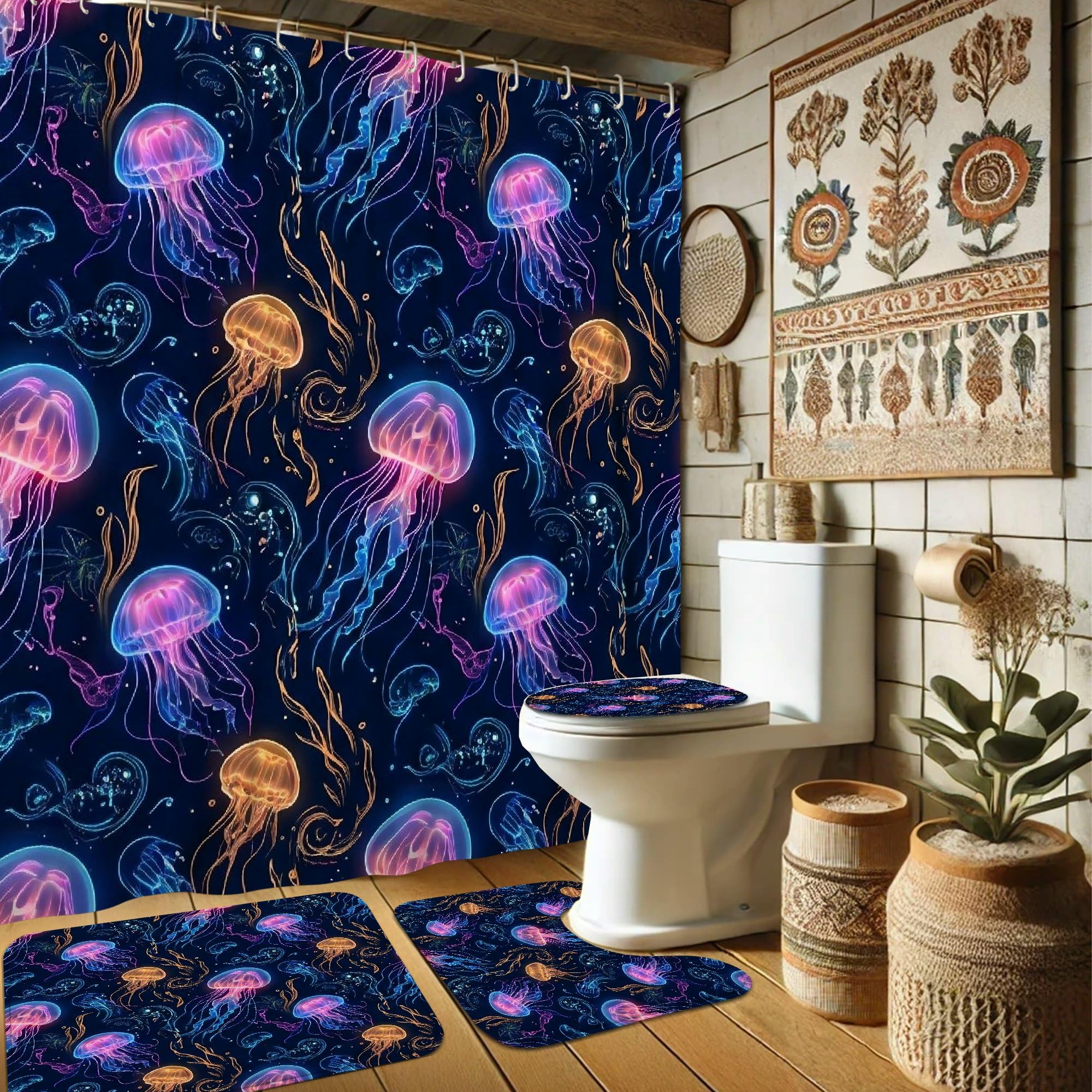Rideau de douche tissu étanche 183x183 cm anti-éclaboussures bleu été motif méduse d'eau