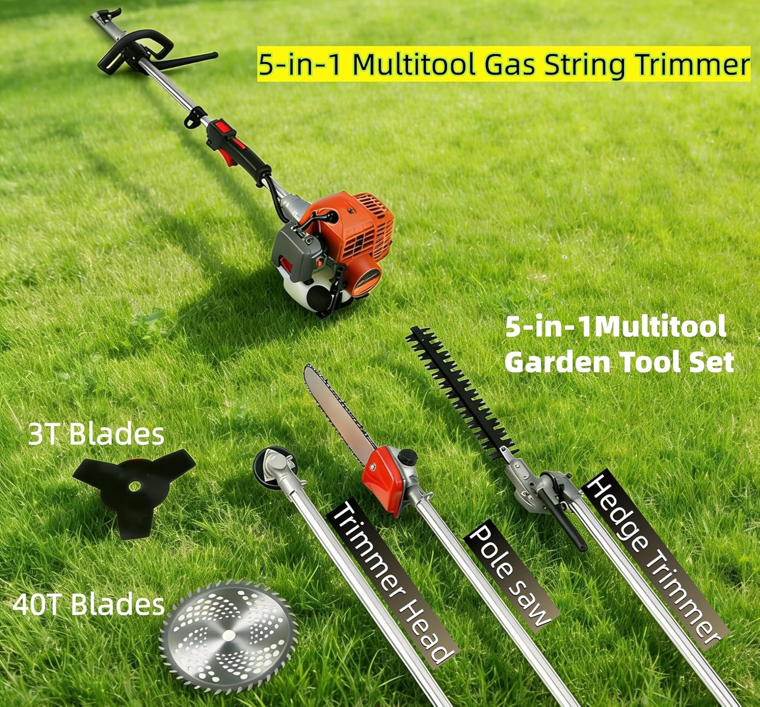 5 in 1 Weed Eater Gas Powered, Multi-Functional Trimming Tools,52CC Gas Hedge Trimmer, Weed Eater, String Trimmer, Brush Cutter, Edger, Pole Saw Chainsaw Pruner with 43.31" Extension Pole Ora