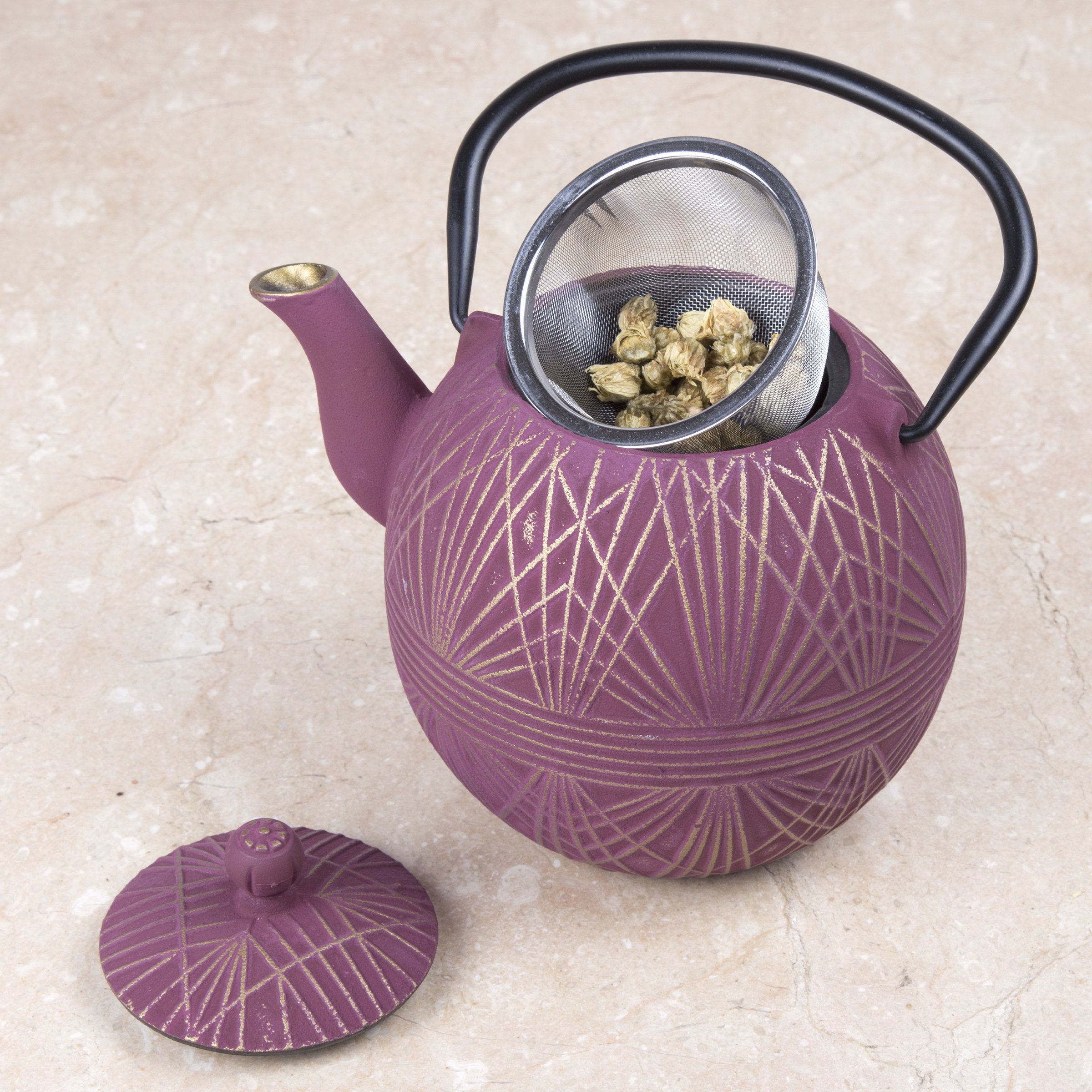 Creative Home 34 oz Cast Iron Tea Pot, New Gold and Purple Color