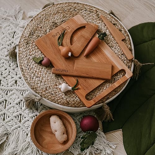 Miniatura 6 de Juego de corte de madera seguro para niños, tabla de cortar personalizada con cuchillo Montessori para niños pequeños, utensilios de madera cortador