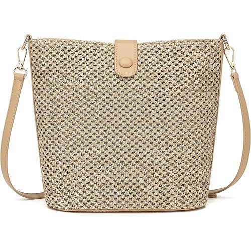 ALARION Straw Crossbody Bags for Women Summer Woven Beach Bag Raffia Shoulder Bag Leather Straps Straw Clutch Purse Vacation