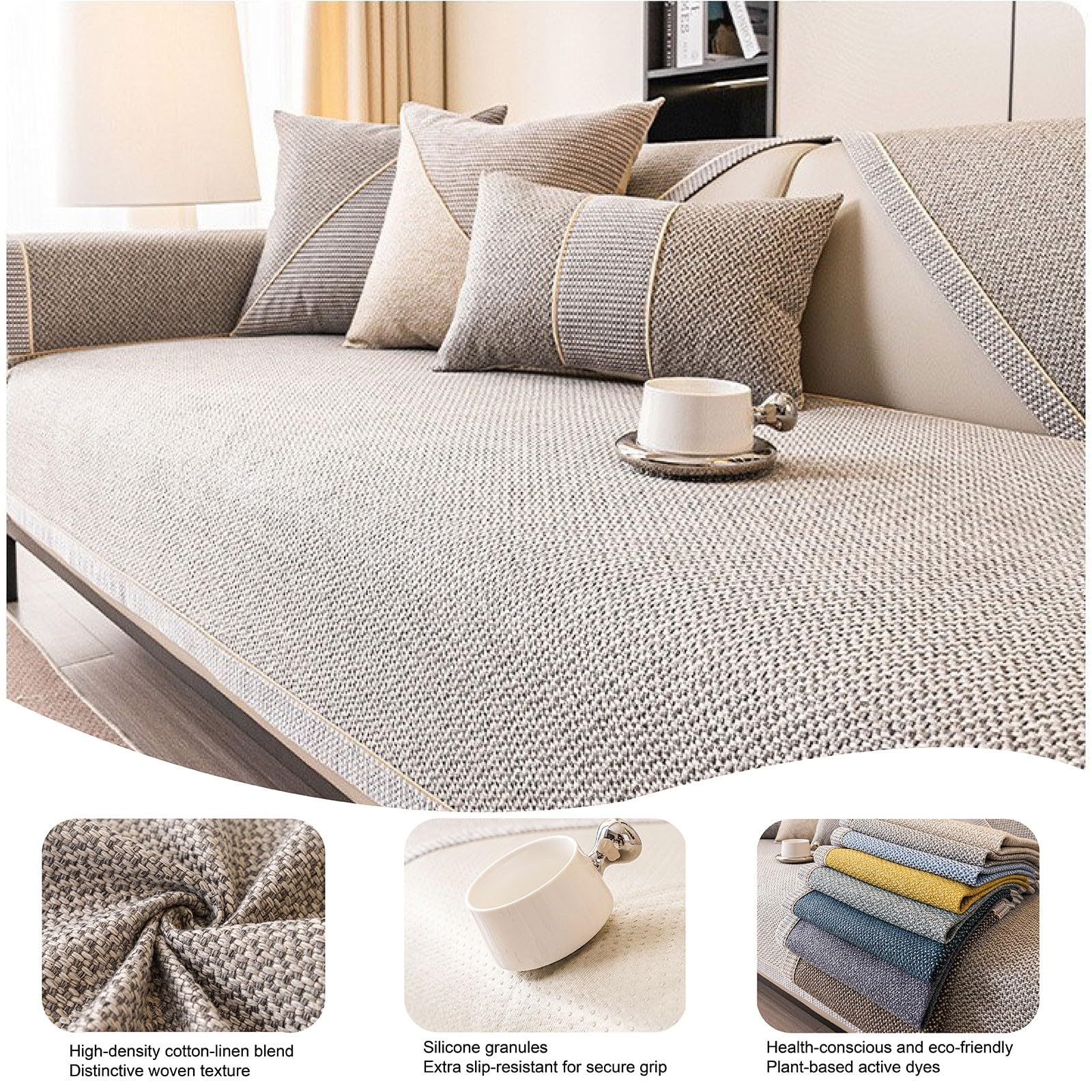 Baumwolle und Leinen rutschfest Sofaschoner Vintage Sofabezug Weiche 1/2/3/4 Sitzer Couch Überzug Sofaüberwürfe für U Form L Form Sektionssofa(Beige,70x210cm)