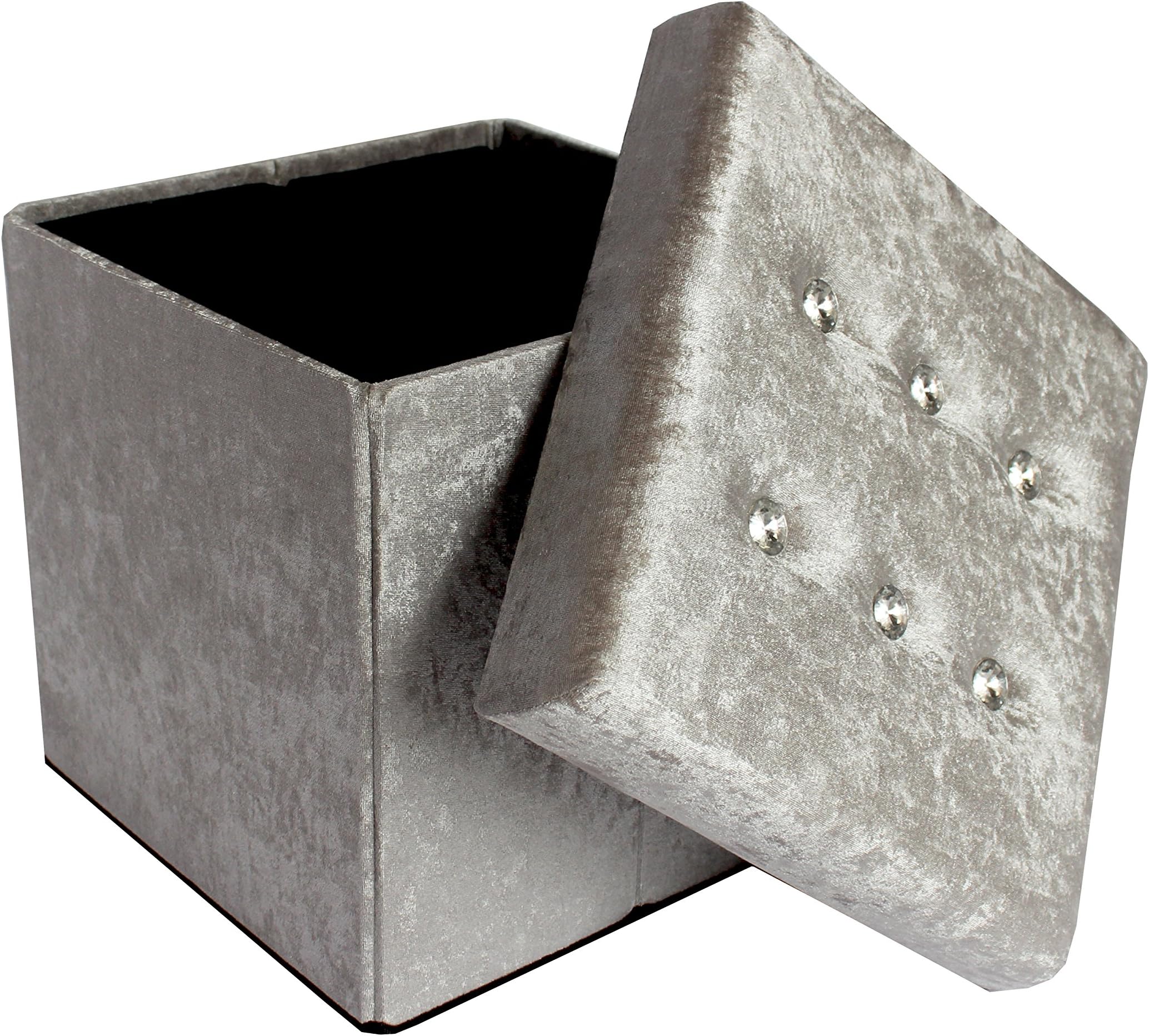 UK Home Accessories Glamorous folding storage ottoman storage box in grey crushed velvet. Practical storage solution perfect for bedrooms