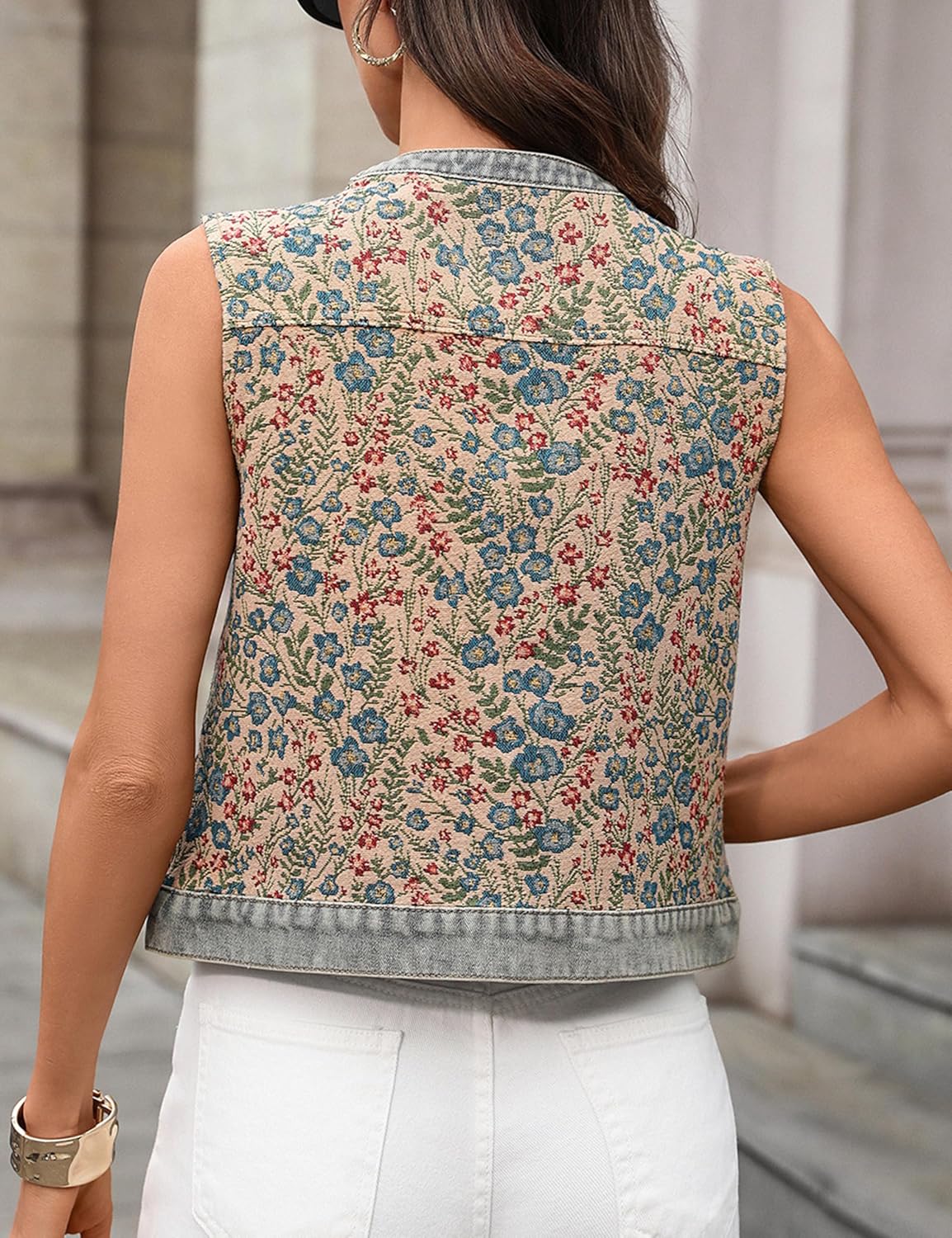 Womens Vintage Floral Denim Vest Trendy Round Neck Button Down Jean Vest Sleeveless Casual Layered Waistcoat - Image 6