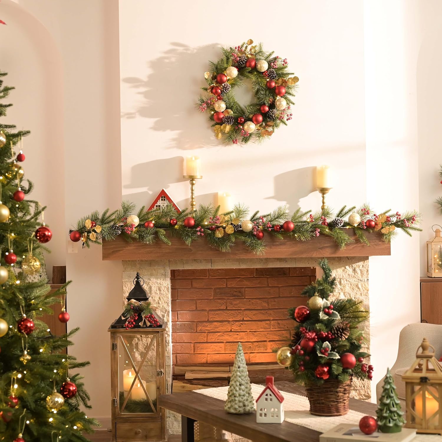 Valery Madelyn 20'' Pre-Lit Christmas Wreath for Front Door with Light, Lighted Christmas Door Wreath with Red Green Gold Xmas Ball Norfolk Pine Branches for Home Porch Fireplace Window Holiday Decor - Image 2