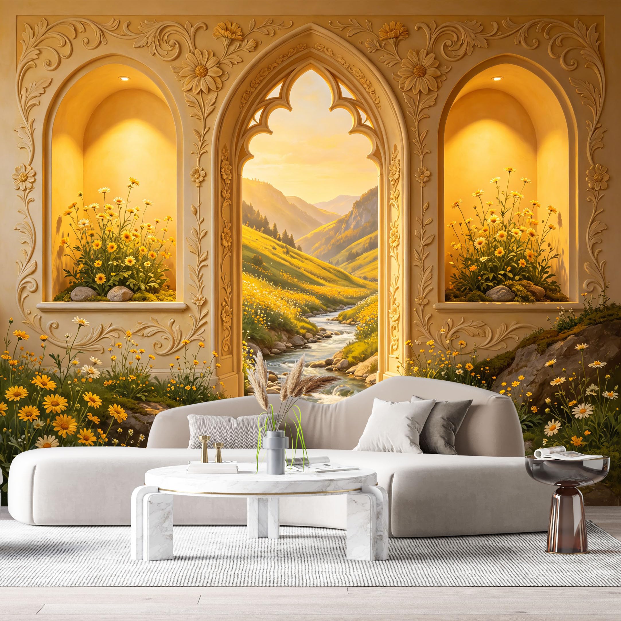 Custom Size Wall Murals Gothic Fantasy Stone Archway Landscape Stream 3D Trompe L'Oeil SelfAdhesiveWall Fabric Removable Wallpaper Wall Decor for Living Room Bedroom Bathroom