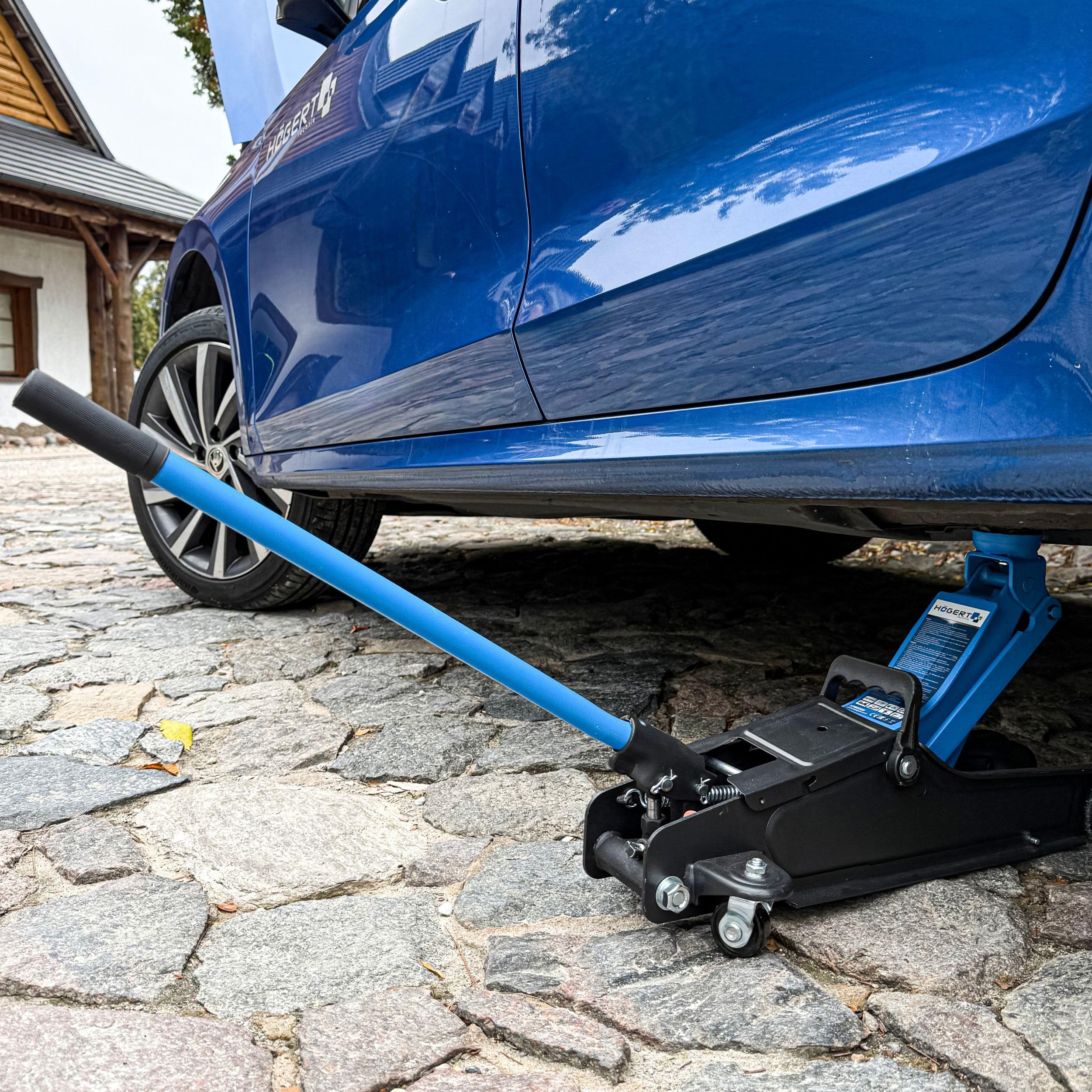 HÖGERT TECHNIK Cric idraulico piatto 2T, altezza 90-340 mm, acciaio, ruote, valvola sicurezza, sollevatore auto
