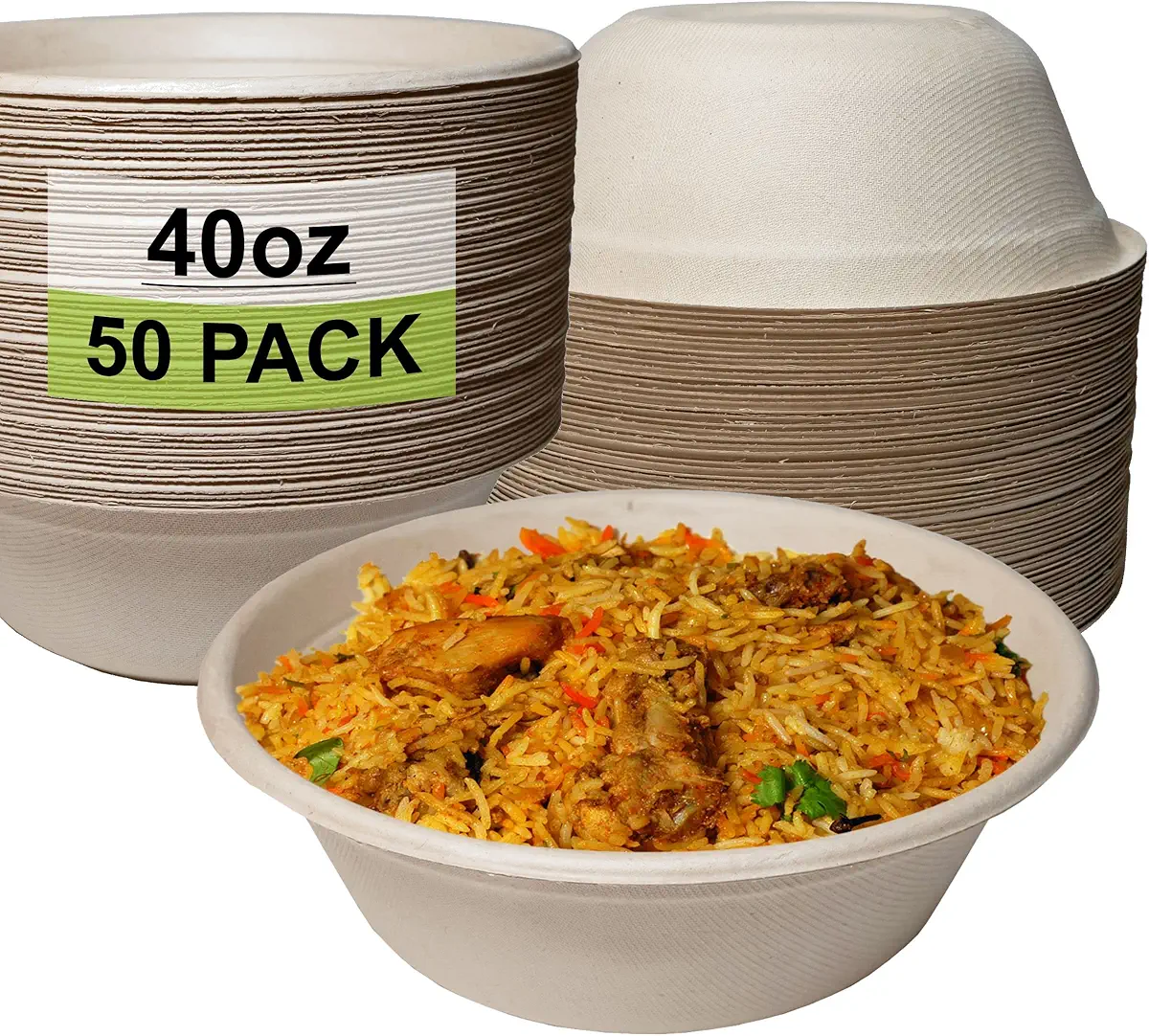 [50 Pack] 40 oz Round Disposable Compostable Paper Bowls Heavy-Duty, Eco-Friendly Natural Bagasse Unbleached, Heat Resistant, 100% Biodegradable Salad Bowls Alternative to Plastic