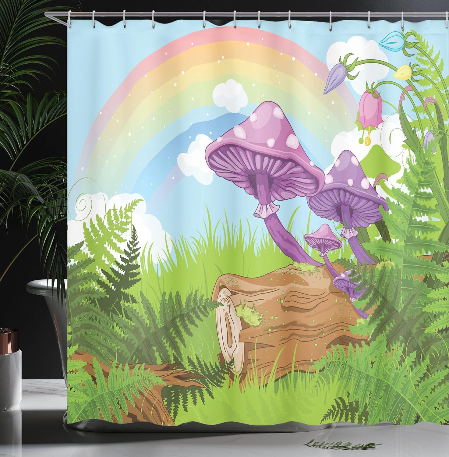 Ambesonne Mushroom Shower Curtain, Scenery with Wood Timber Grass and Rainbow Leaves Art Cartoon Design Print, Cloth Fabric Bathroom Decor Set with Hooks, 69" W x 75" L, Pale Green