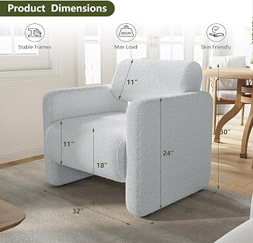 allamazing Accent Chair, Modern Boucle Fabric Armed Chair, Comfortable Single Sofa Chair for Living Room, Solid Wood Frame, Comfy Side Chair for Bedroom, Office, Reading(Grey)