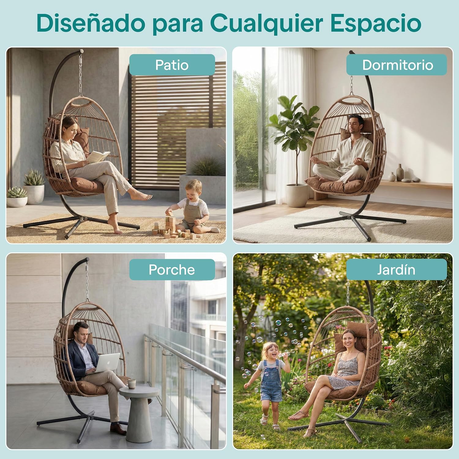 SereneLife Egg Chair with Stand – Hanging Rattan Wicker Swing for Indoor Outdoor Use – 350 lbs Capacity, Breathable Cushion & Headrest – Patio, Balcony, Porch, Bedroom Lounge Furniture