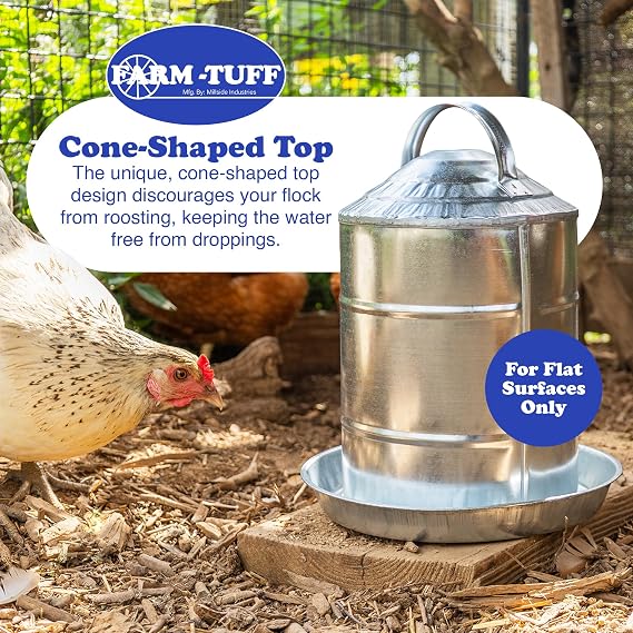 FARM-TUFF Galvanized Poultry Waterer, 2 Gallon Capacity - Double-Wall Poultry Fountain with Cone Top - Automatic Gravity-Fed Water Dispenser for Chickens, Ducks & Game Birds