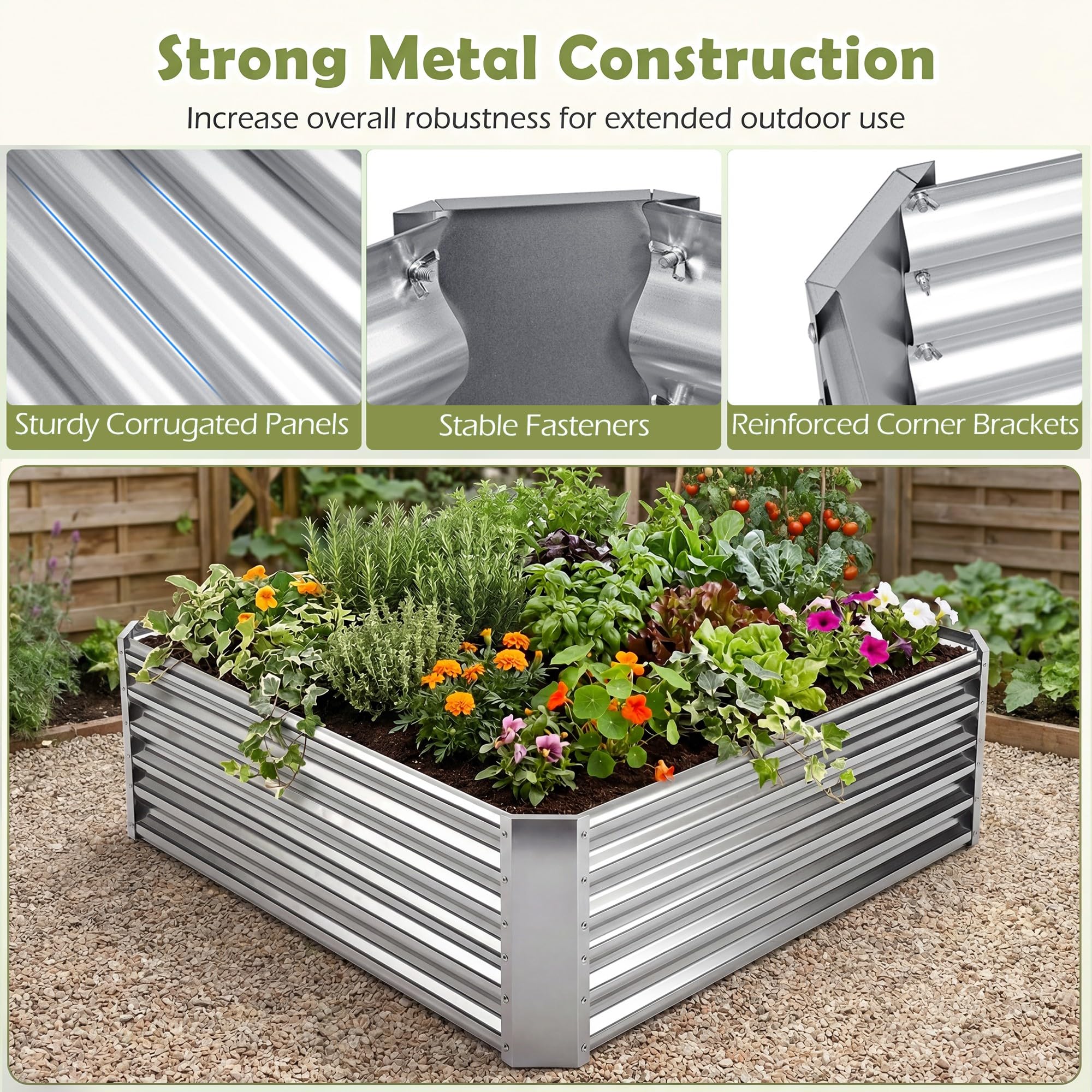 HOMASIS Hochbeet, rechteckiges Gartenbeet aus verzinktem Metall, Pflanzkasten mit offenem Boden, Blumenkasten für Gemüse & Blumen, Gemüsebeet für Garten & Terrasse, Silber (124 x 124 x 44,5 cm)