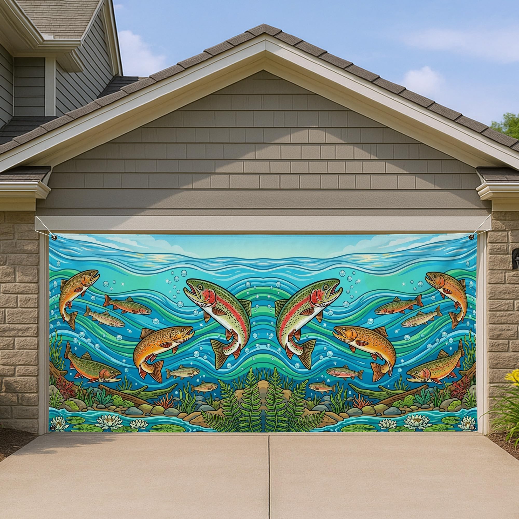 Housse de porte de garage poisson pour embellir une façade unie