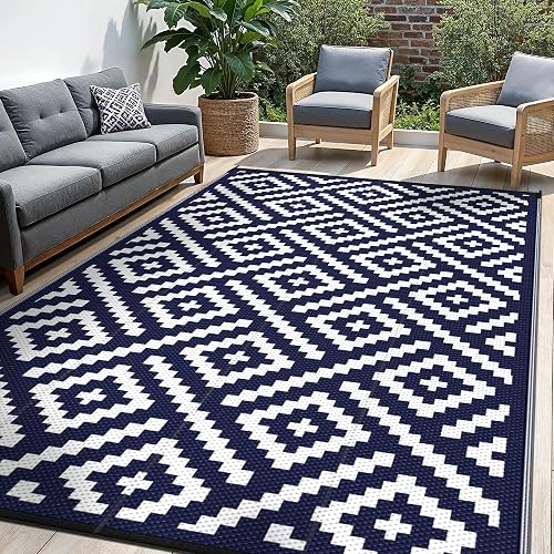 sarben Outdoor Rug, Waterproof Plastic Rugs for Patio, 6'x9' Blue White