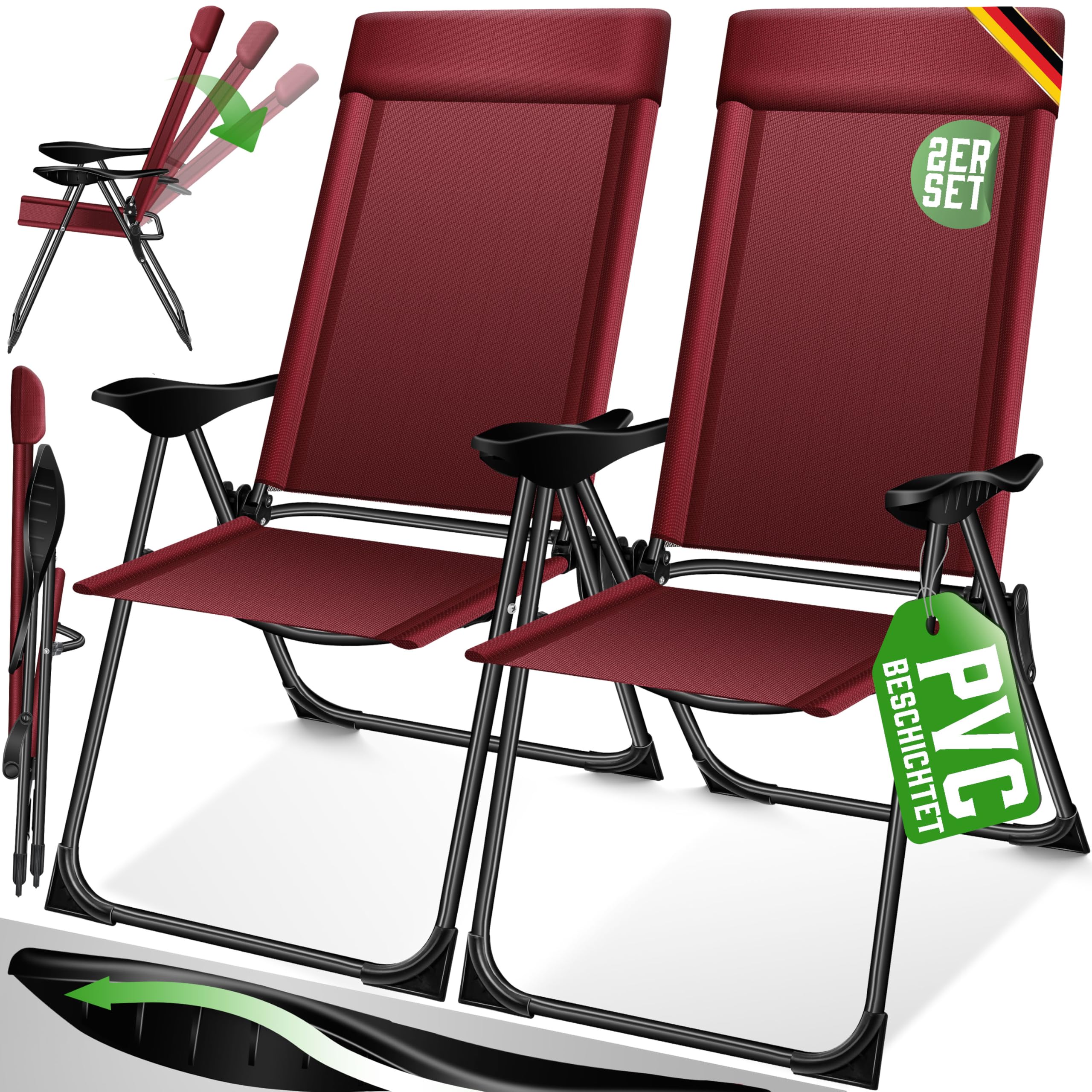 KESSER® Set of 2 Aluminium Folding Garden Chairs with High Backrest Adjustable 7 Positions, Breathable Armrests, Portable, Camping Chair for Garden and Terrace, Bordeaux
