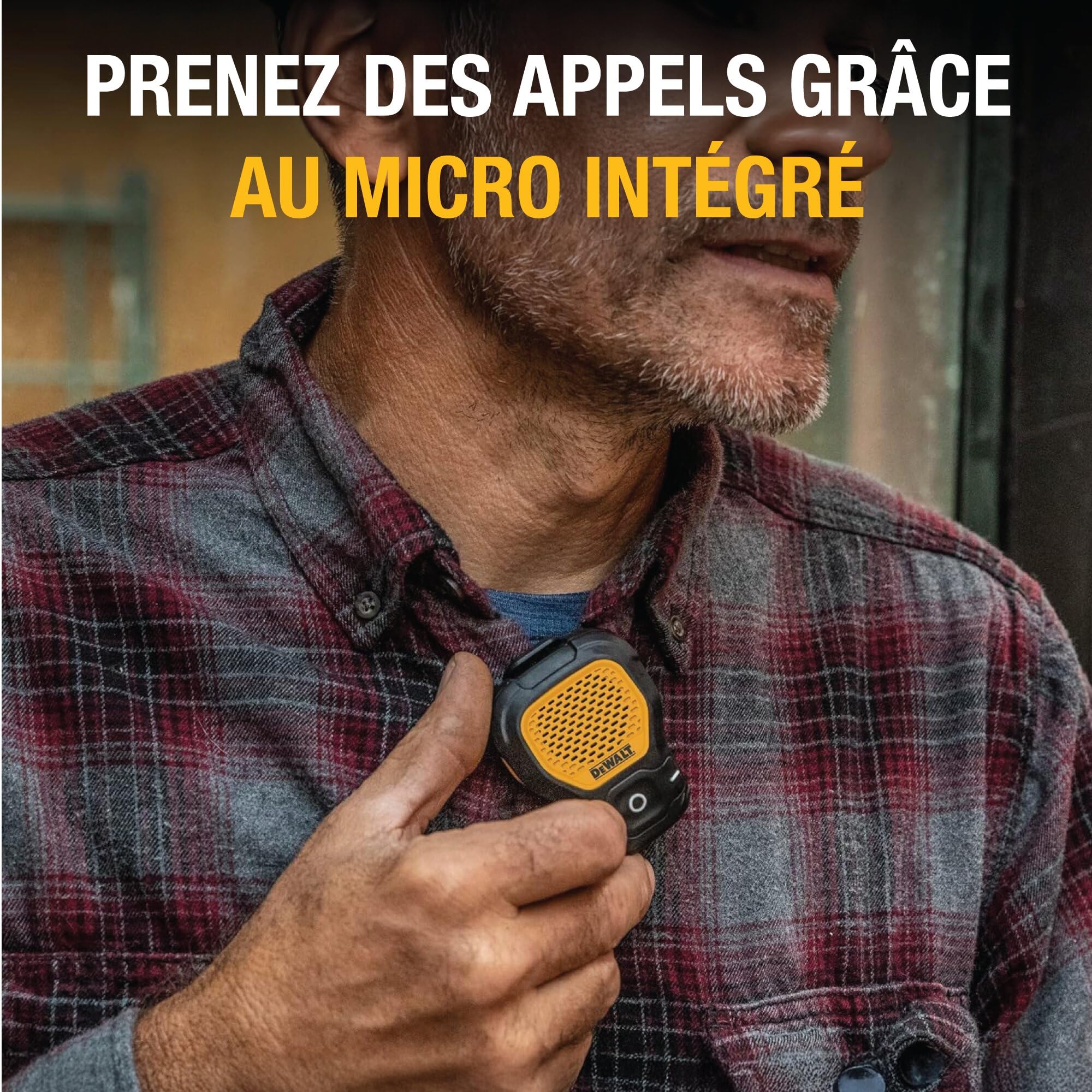 DEWALT Enceinte Bluetooth Portable Enceinte Bluetooth sans Fil avec Clip magnétique — Enceinte Portable étanche Jobsite Pro — Microphone intégré pour Une Utilisation Mains Libres, Jaune
