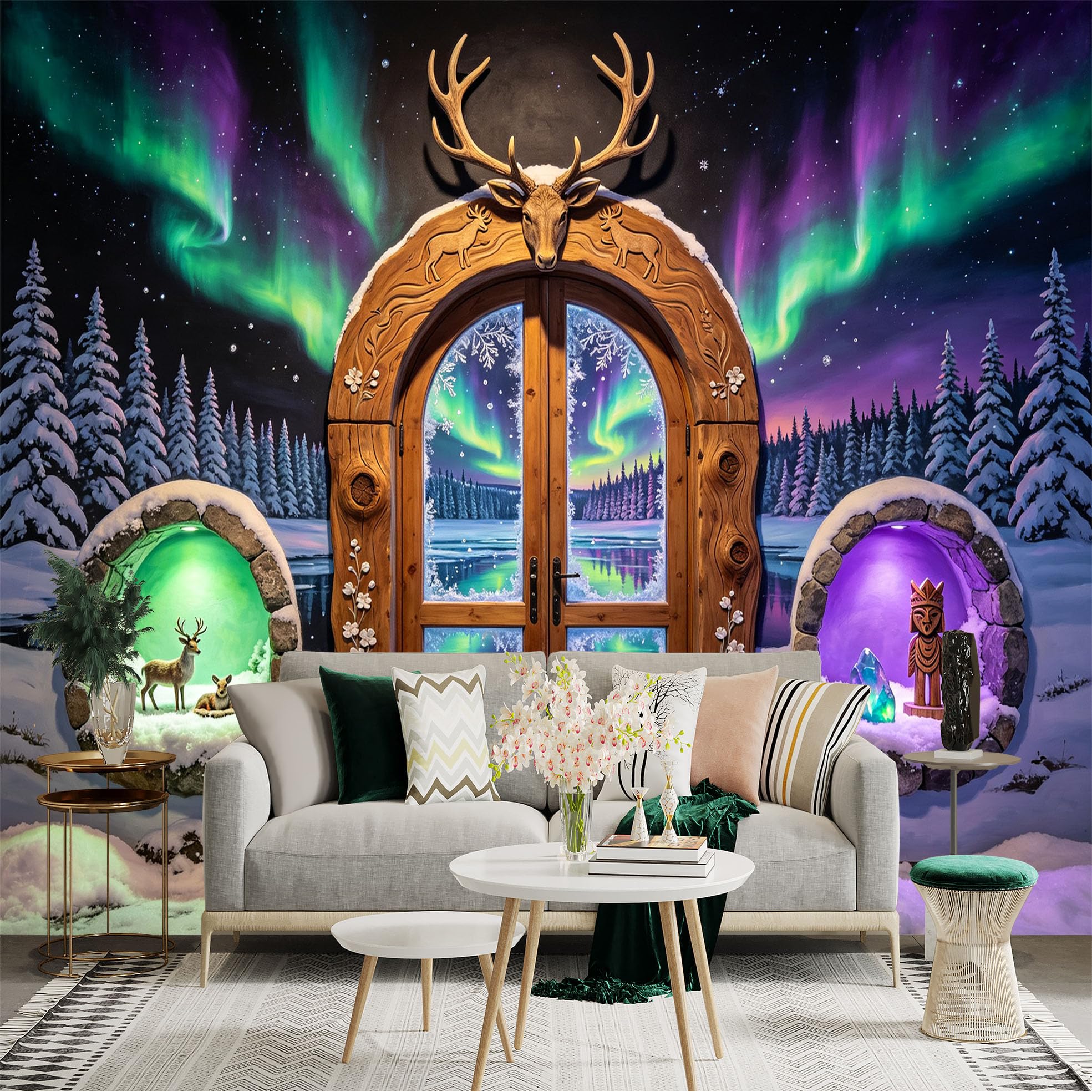 Custom Size Wall Sticker Mural， Aurora Borealis Winter Forest Deer Lake Wooden Door， for wall Decoration， peelandstick wall Decals.